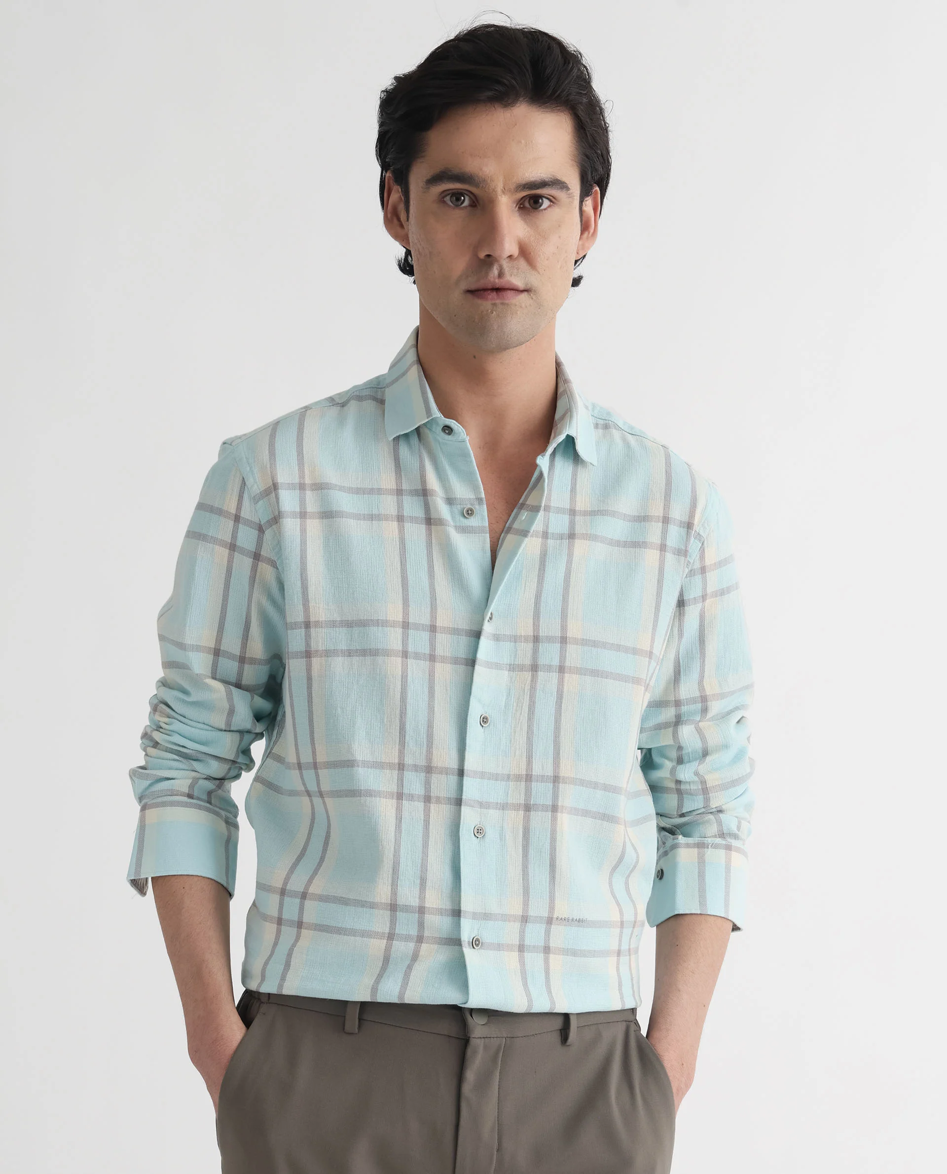 Rare Rabbit Men's Cardin Pastel Blue Checked Print Regular Fit Full Sleeve Collared Shirt