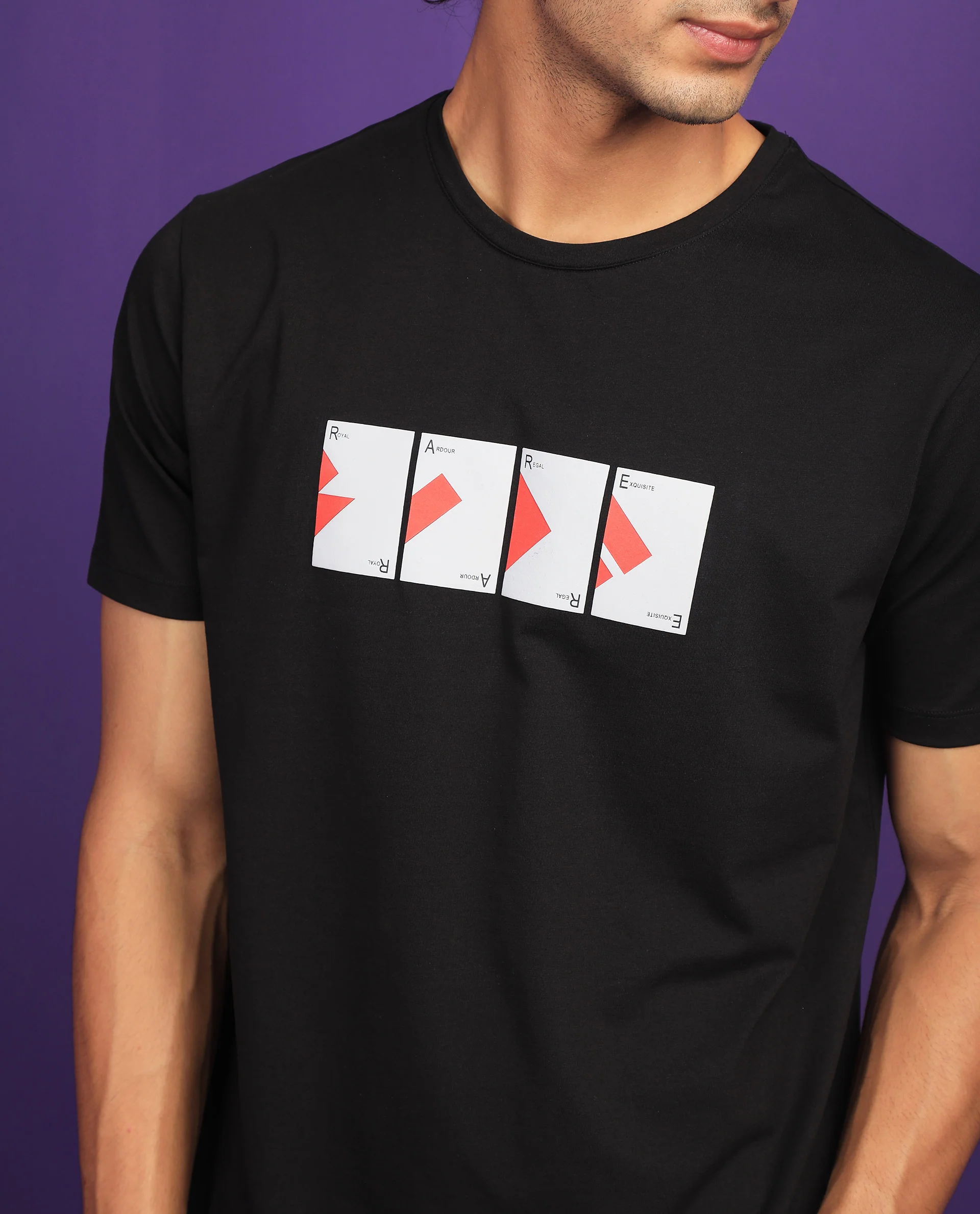 Rare Rabbit Men's Cards Black Cotton Graphic Print Slim Fit Half Sleeve Crew Neck T-Shirt