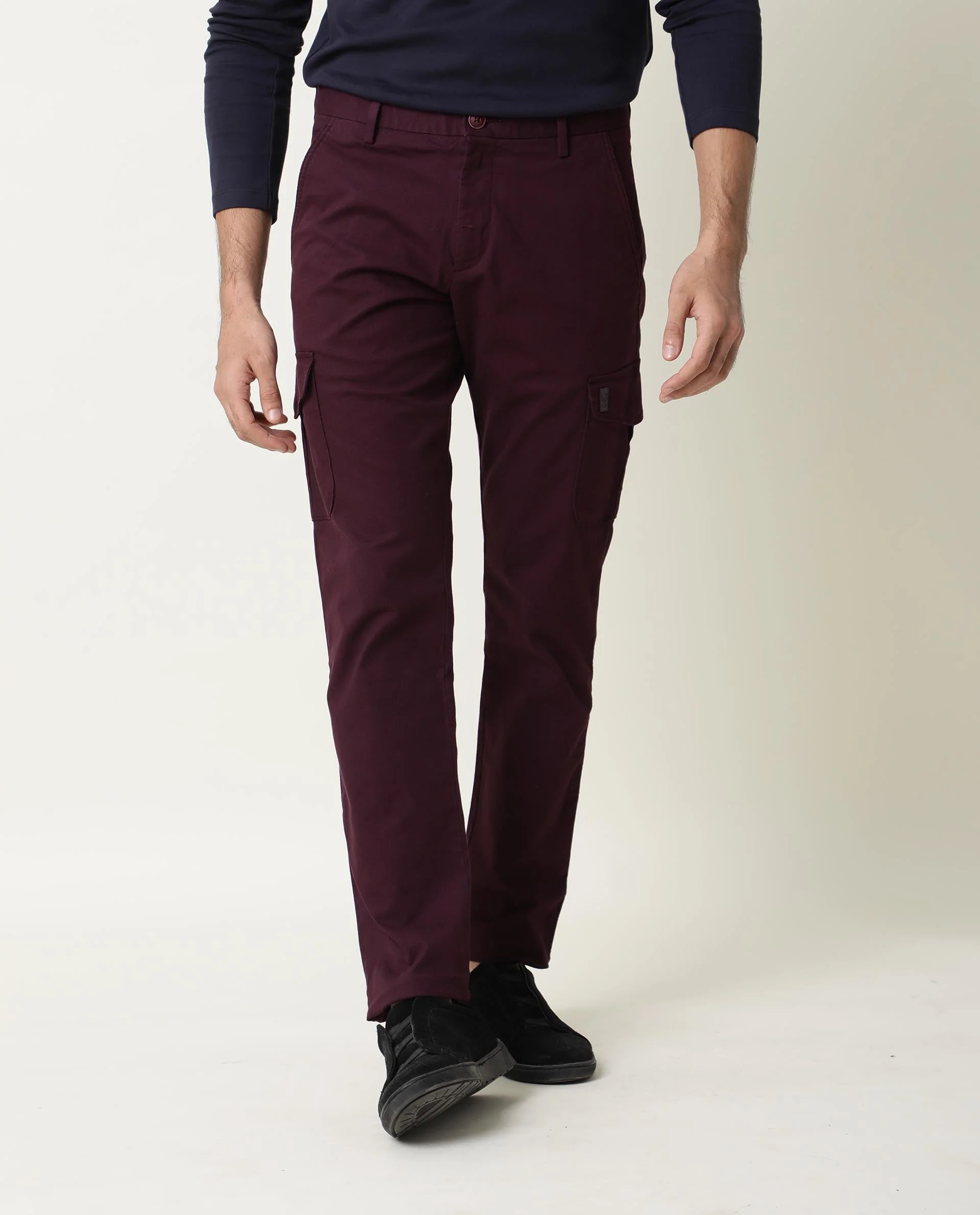 Rare Rabbit Men's Cargo Maroon Cotton Plain Regular Fit Trouser