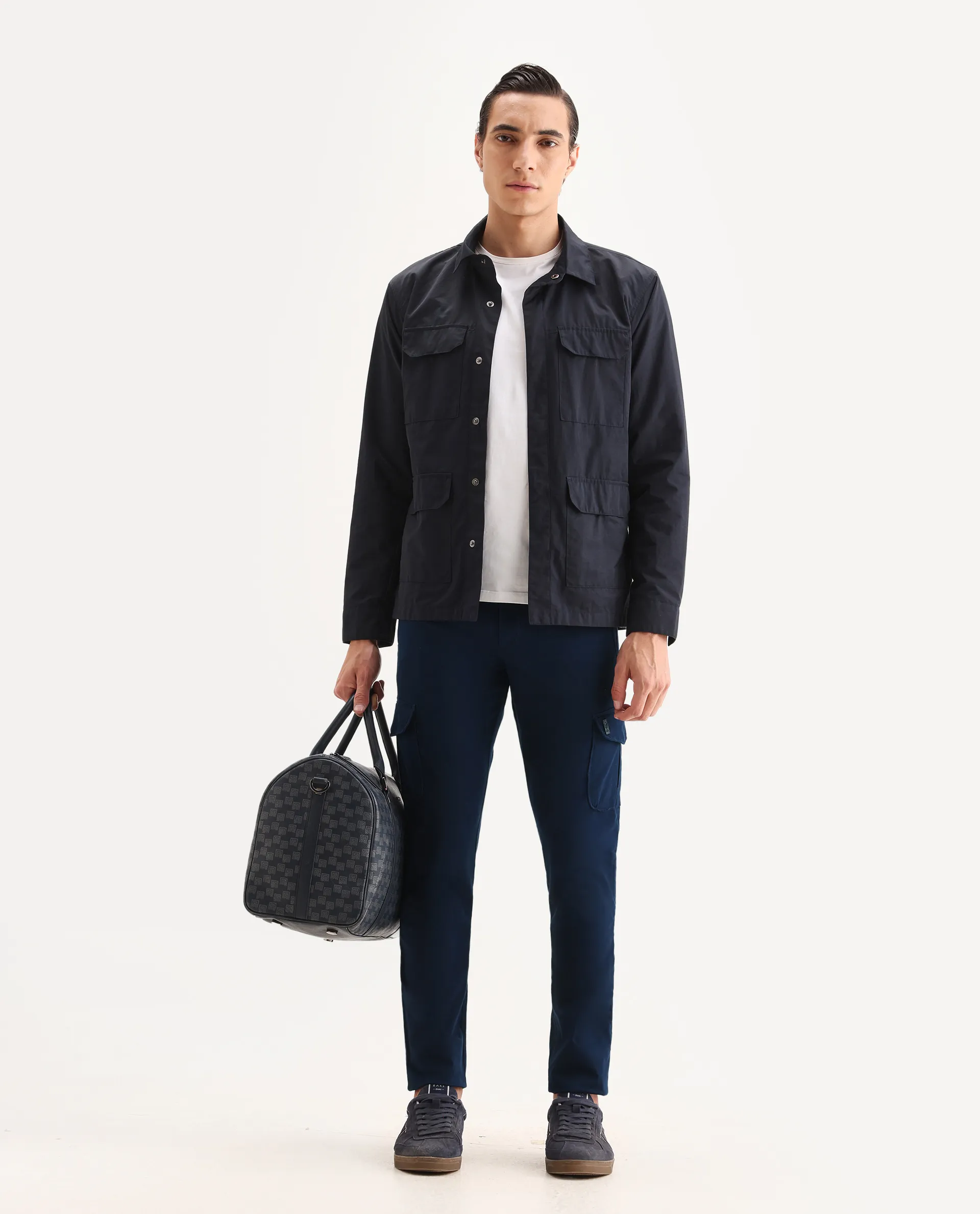 Rare Rabbit Men's Cargo Navy Cotton Plain Regular Fit Trouser