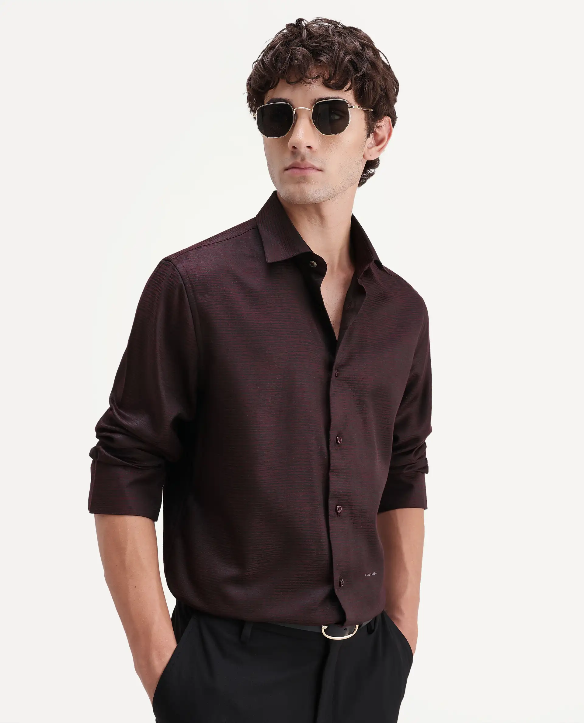 Rare Rabbit Men's Carl Maroon Polyester Blend Fabric Spread Collar Regular Fit Jacquard Shirt