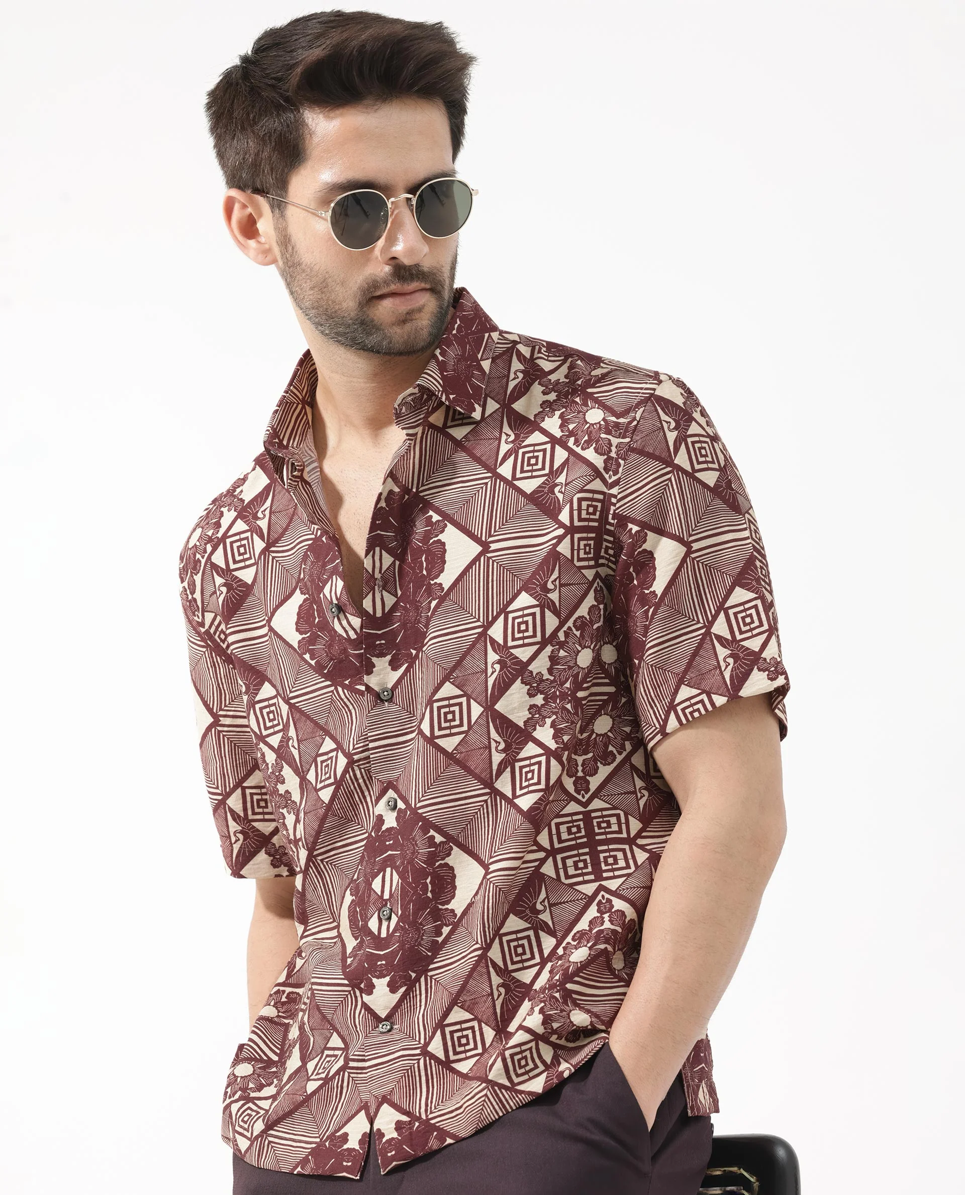 Rare Rabbit Men's Carno Dark Maroon Viscose Floral Print Boxy Fit Half Sleeve Collared Shirt