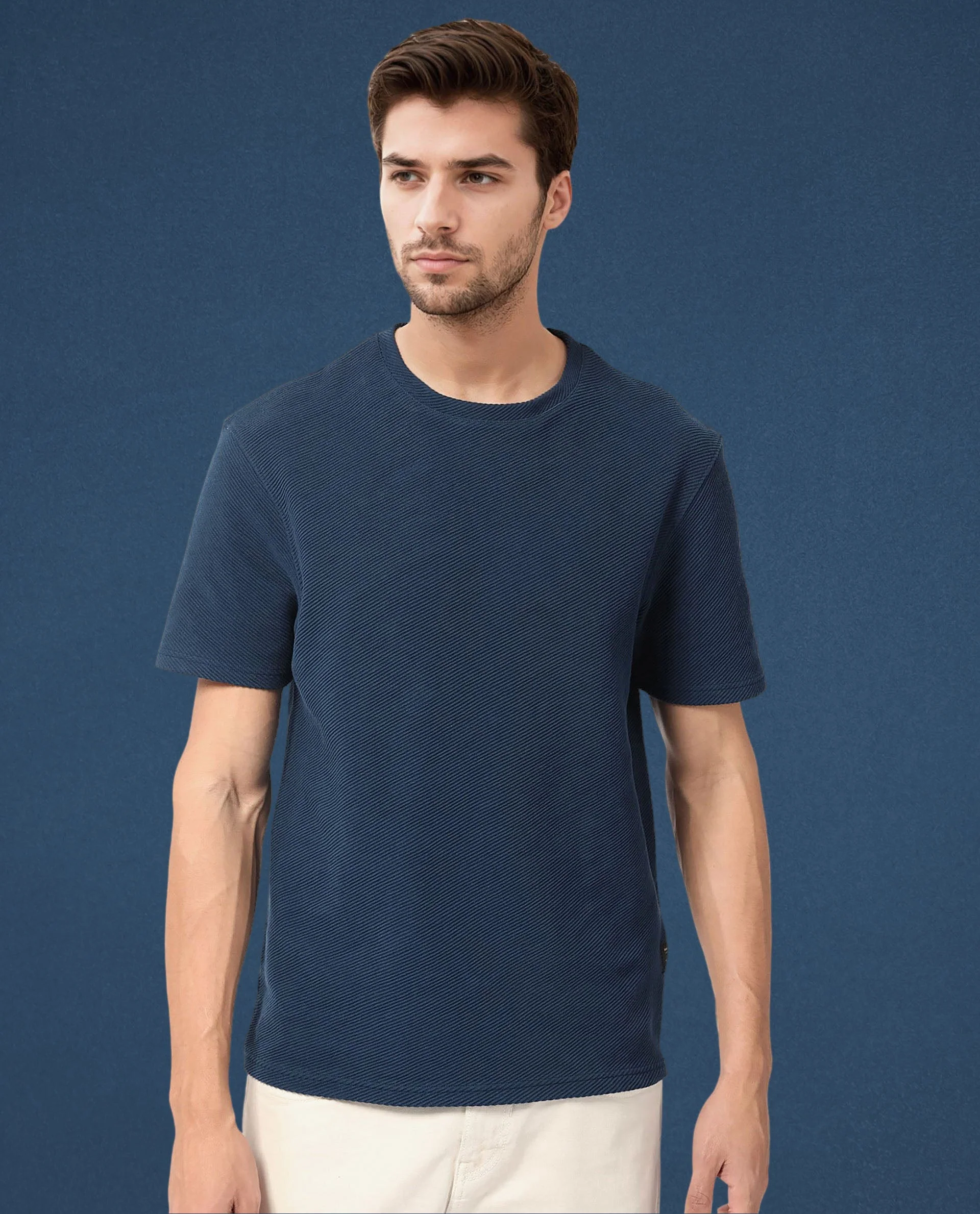Rare Rabbit Men's Cas Petrol Solid Crew Neck Ottoman Textured Drop Shoulder Half Sleeves T-Shirt