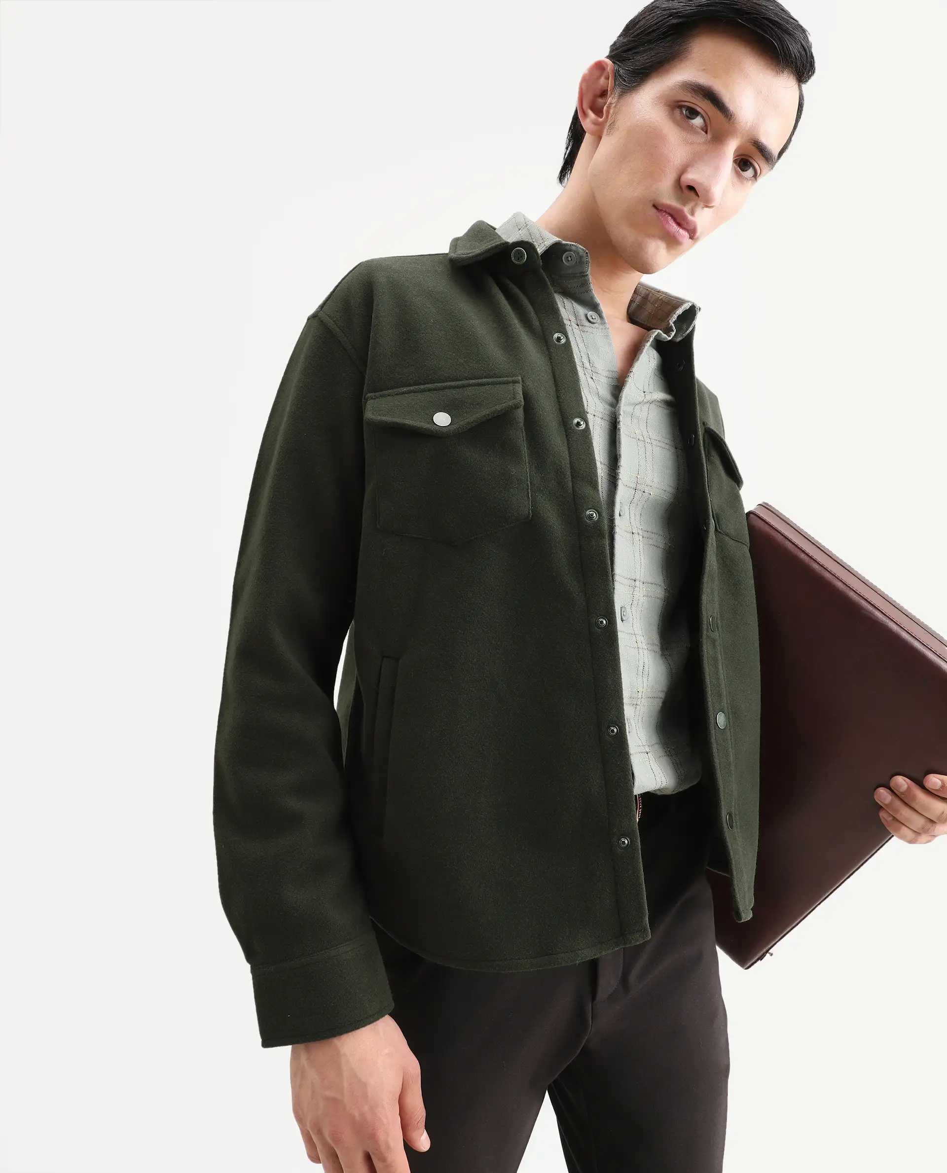 Rare Rabbit Men's Cason Dark Green Polyester Plain Regular Fit Full Sleeve Spread Collar Jacket