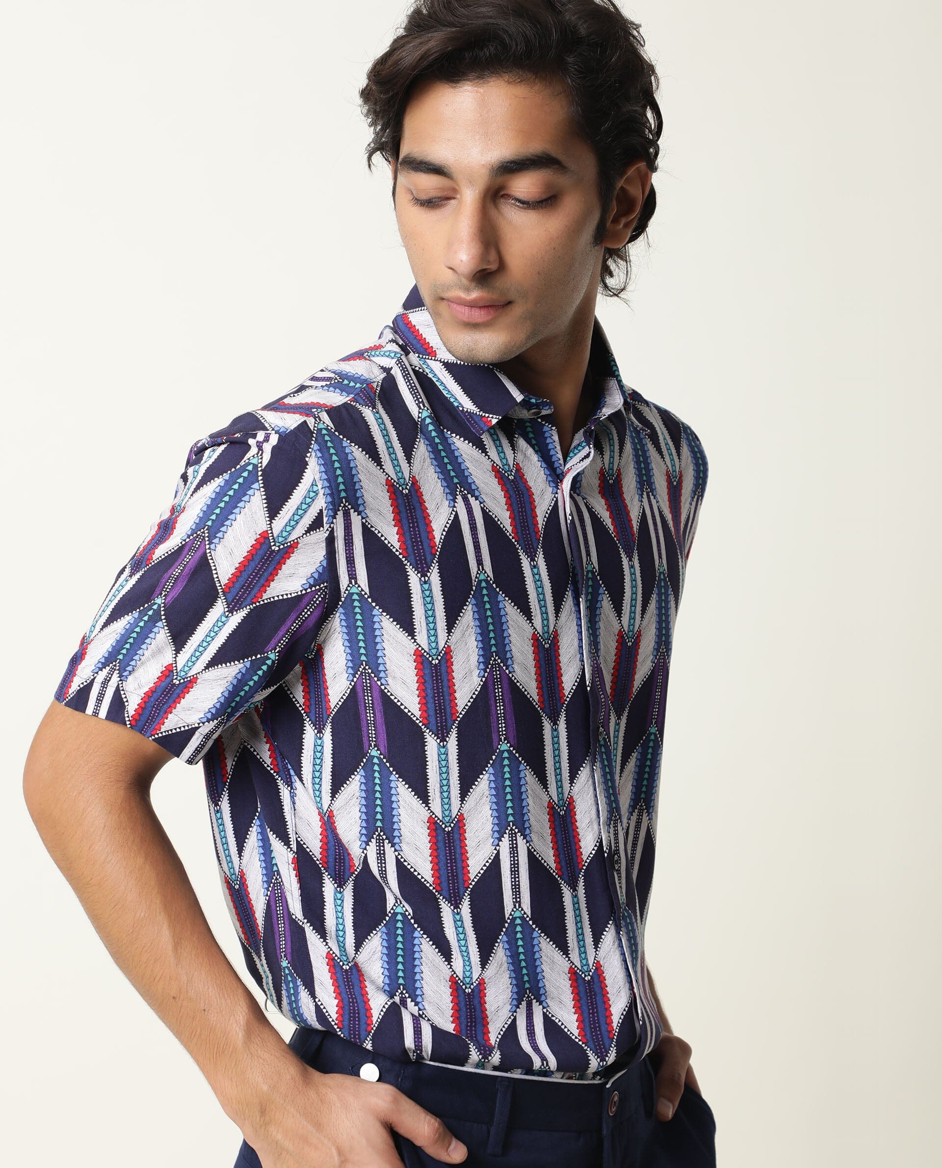 Rare Rabbit Men's Cato Navy Viscose Printed Regular Fit Half Sleeve Collared Shirt