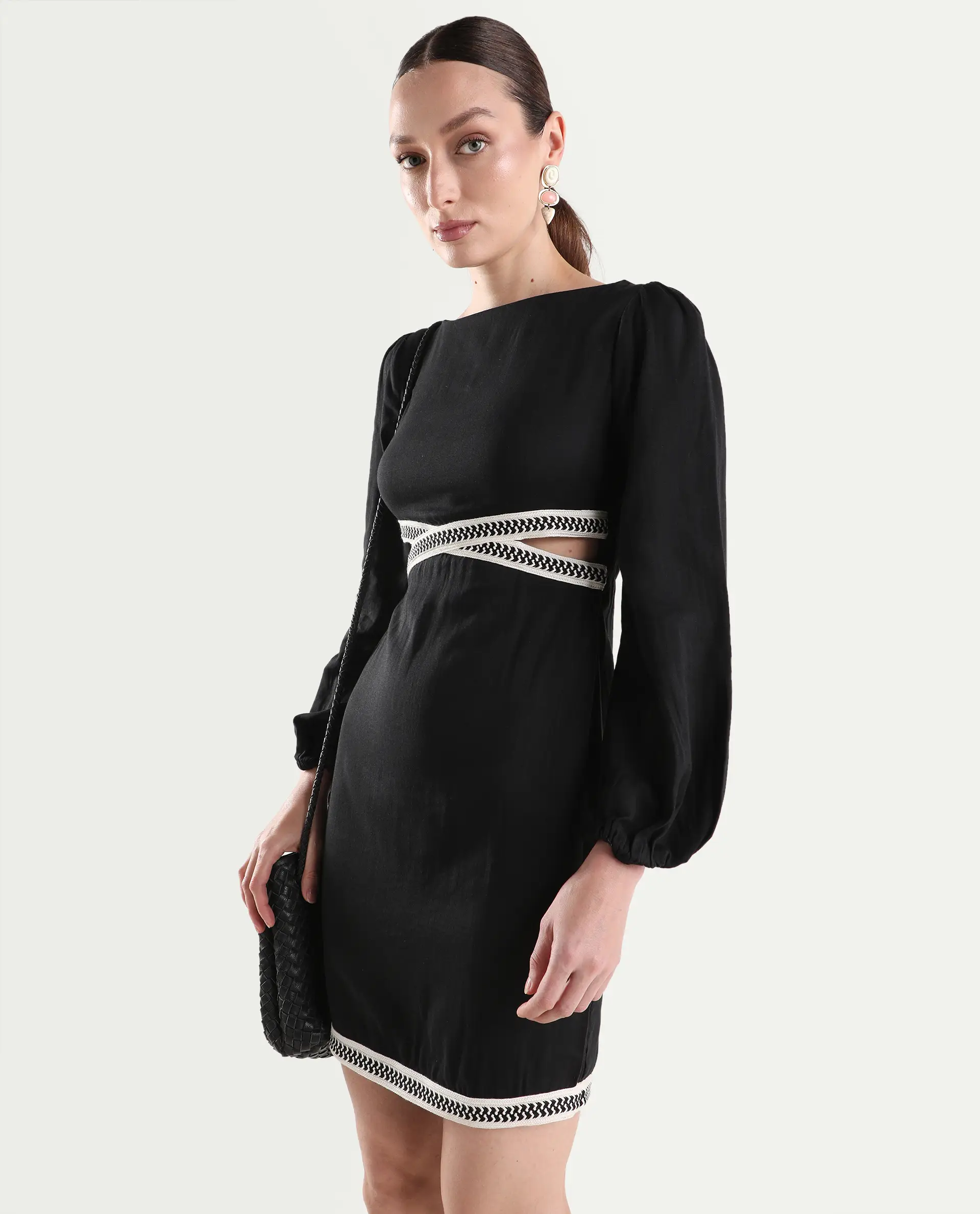 Rareism Women's Catya Black Cotton Blend Full Sleeve Bodycon Plain Dress
