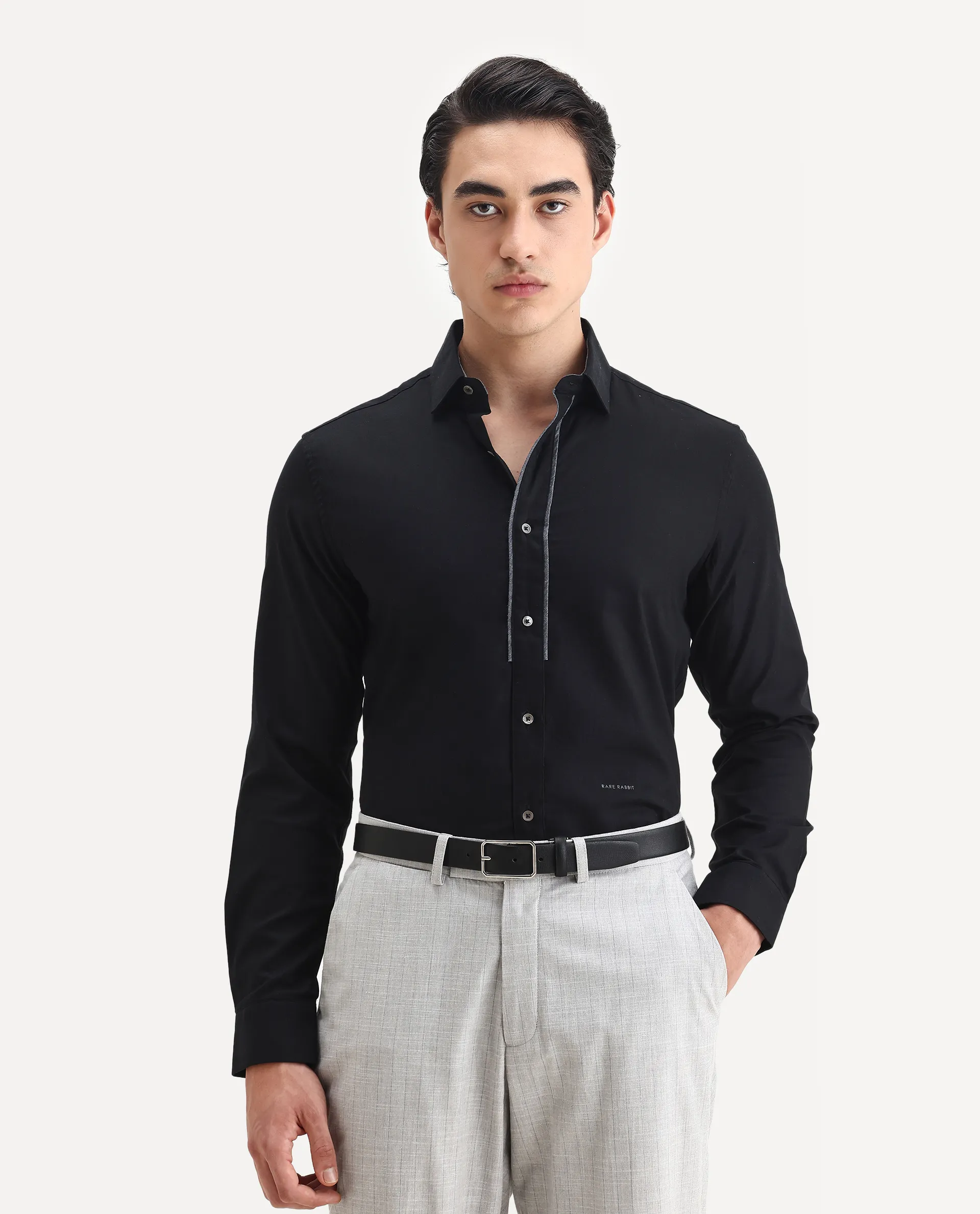 Rare Rabbit Men's Cavell Black Cotton Plain Regular Fit Full Sleeve Collared Shirt