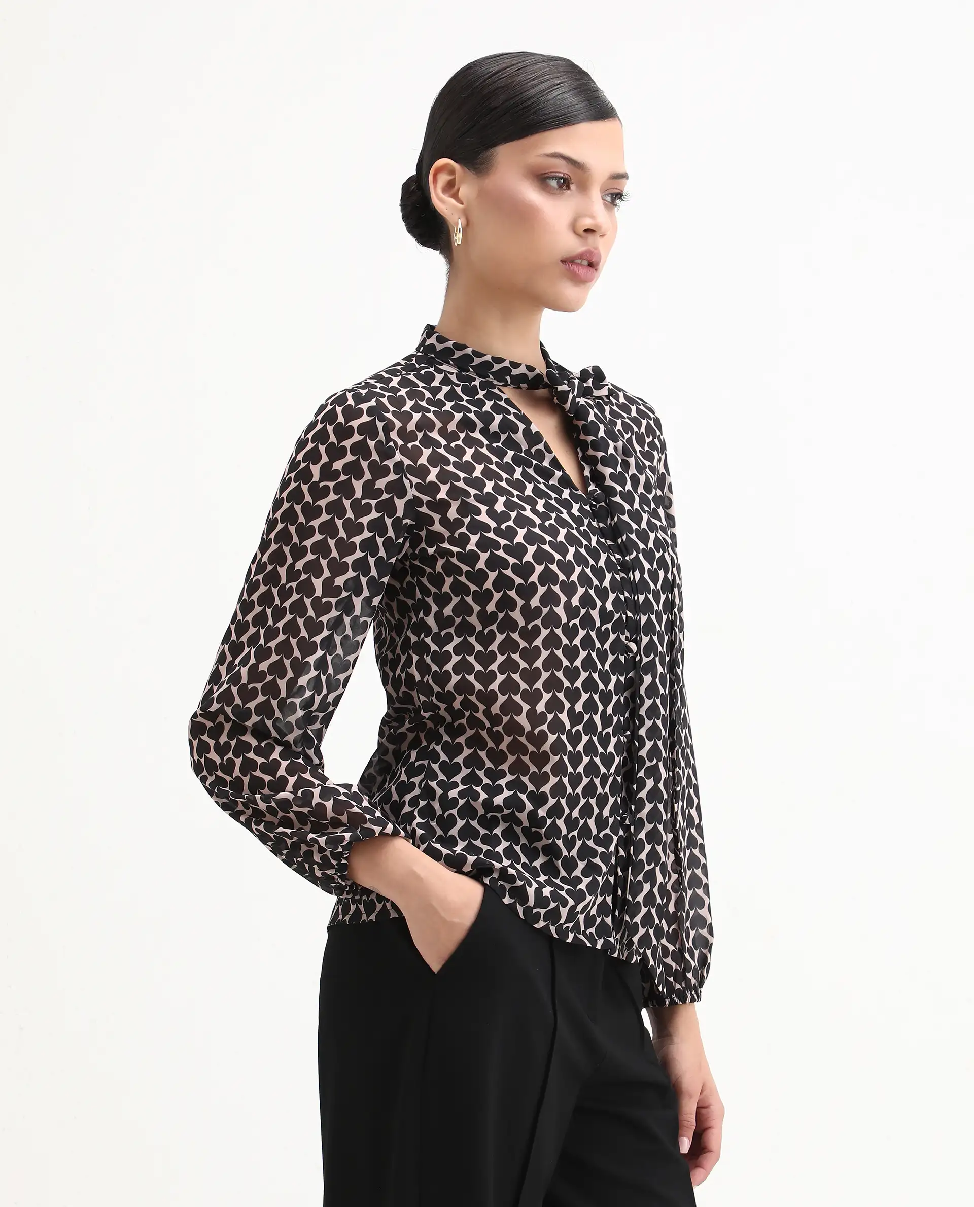 Rareism Women's Cavoi Multi Cotton Blend Tie-Up Neck Abstract Print Cuffed Sleeve Regular Fit Top