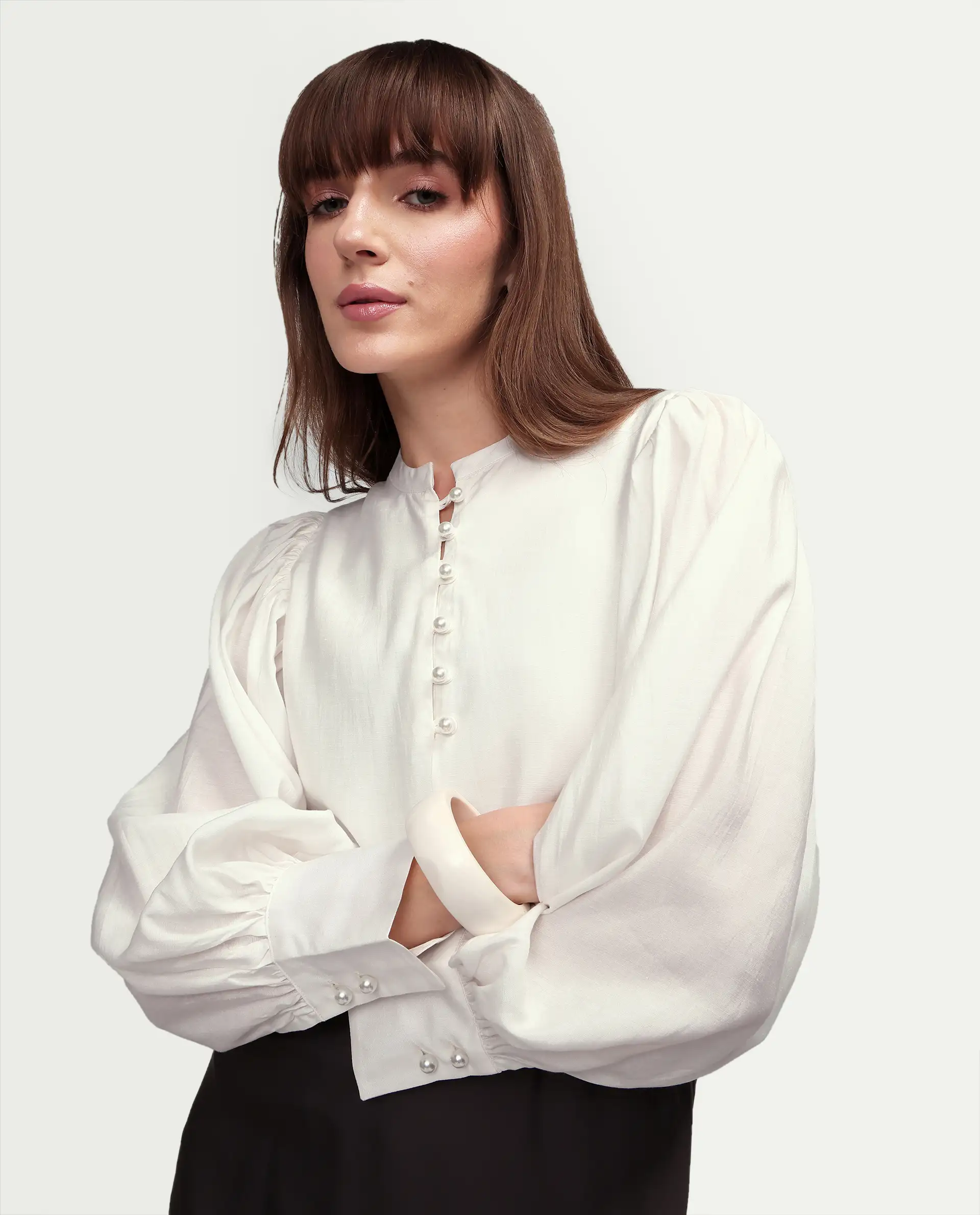 Rareism Women's Ceca Off White Viscose Blend Full Sleeve Relaxed Fit Plain Top