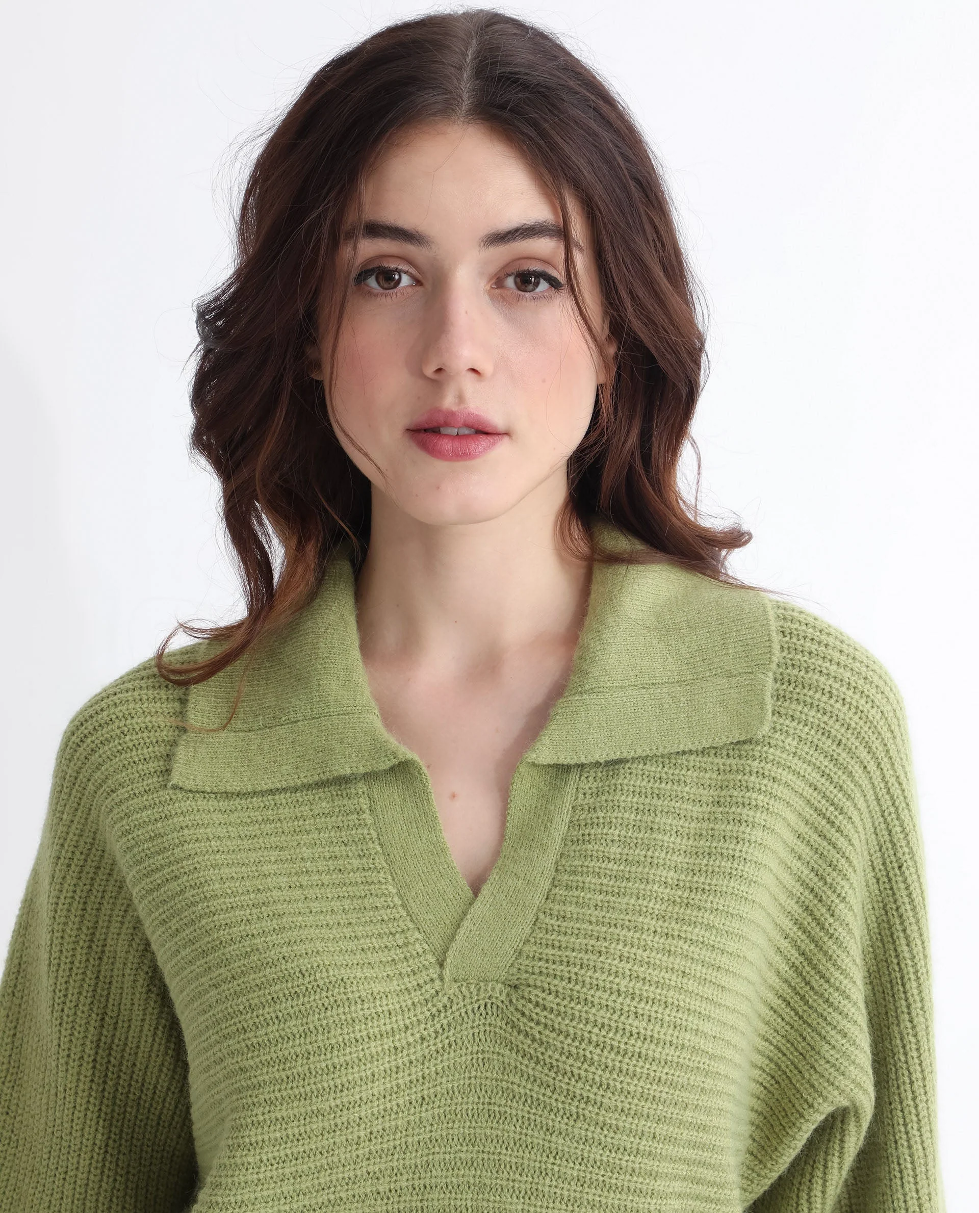 Rareism Women's Cecile Dusky Green Acrylic Drop Collar Plain Relaxed Fit Sweater