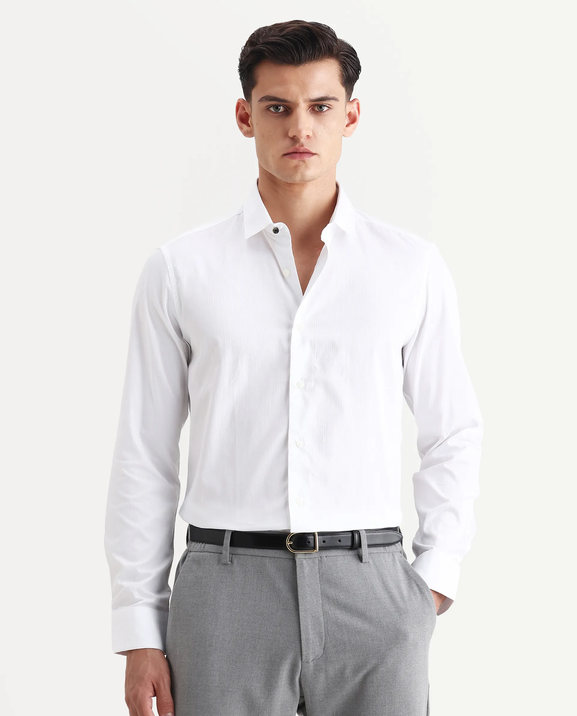 Rare Rabbit Men's Centi White Cotton Plain Regular Fit Full Sleeve Collared Shirt