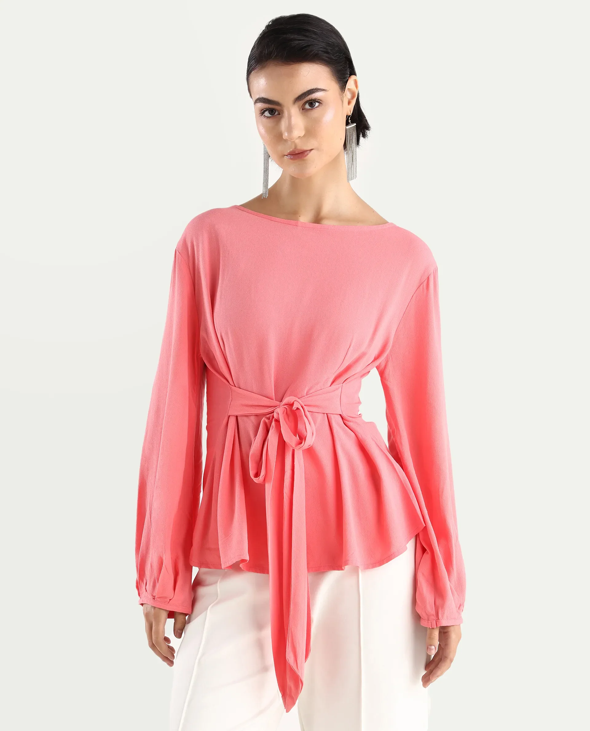 Rareism Women's Centro Dark Pink Viscose Blend Boat Neck Plain Bishop Sleeve Regular Fit Top