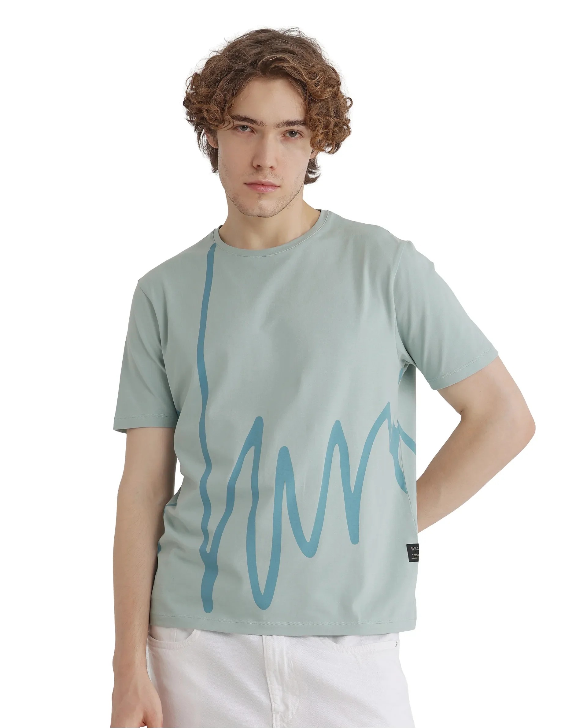 Rare Rabbit Men's Chael Dusky Green Cotton Graphic Print Regular Fit Half Sleeve Crew Neck T-Shirt
