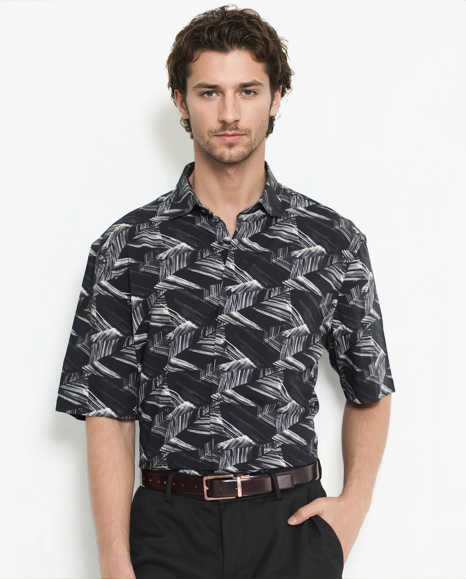 Rare Rabbit Men's Chain Black Viscose Abstract Print Regular Fit Half Sleeve Collared Shirt