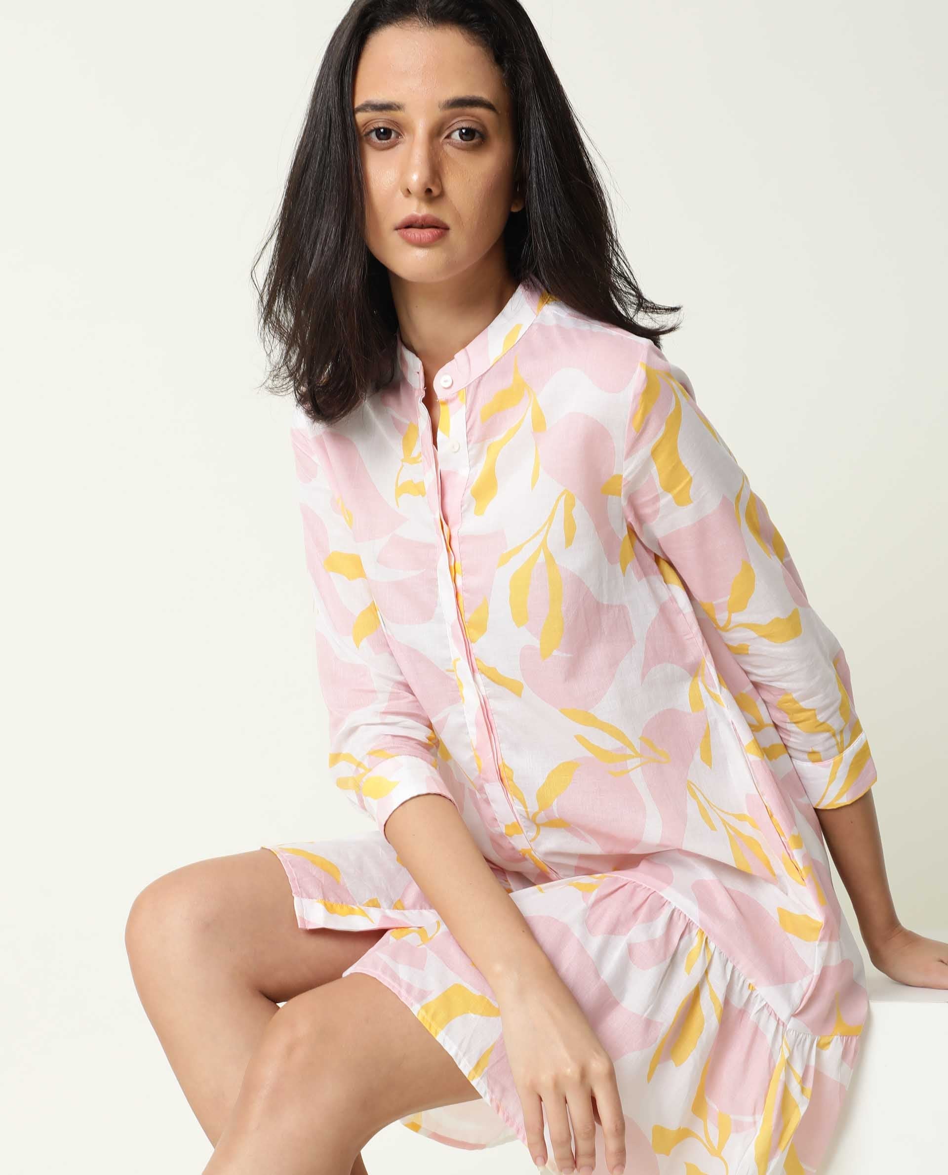 Rareism Women's Champ Pink Cotton High Neck Abstract Print Knee Length Regular Fit Dress