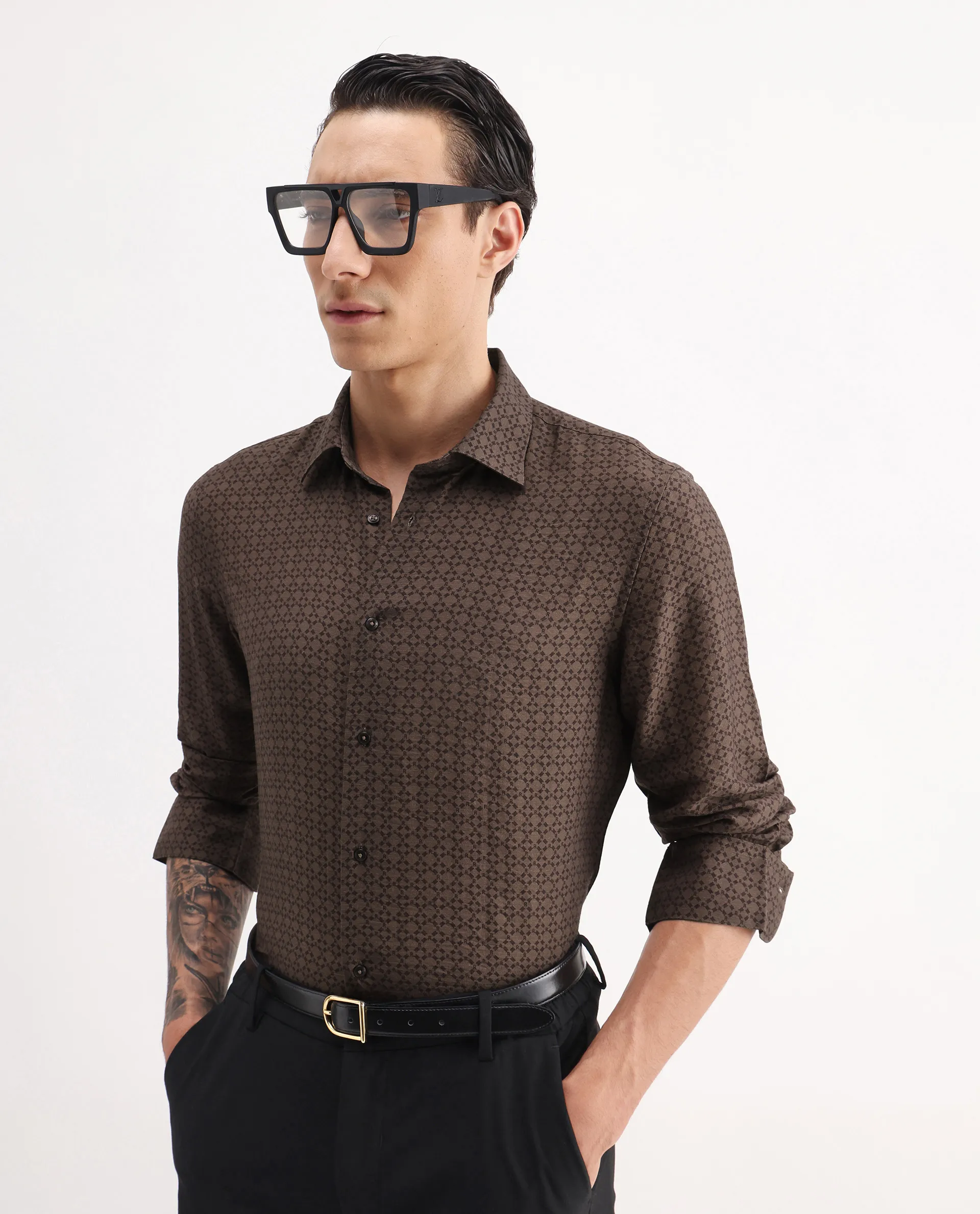 Rare Rabbit Men's Chas Brown Viscose Blend Monogram Print Regular Fit Full Sleeve Collared Shirt