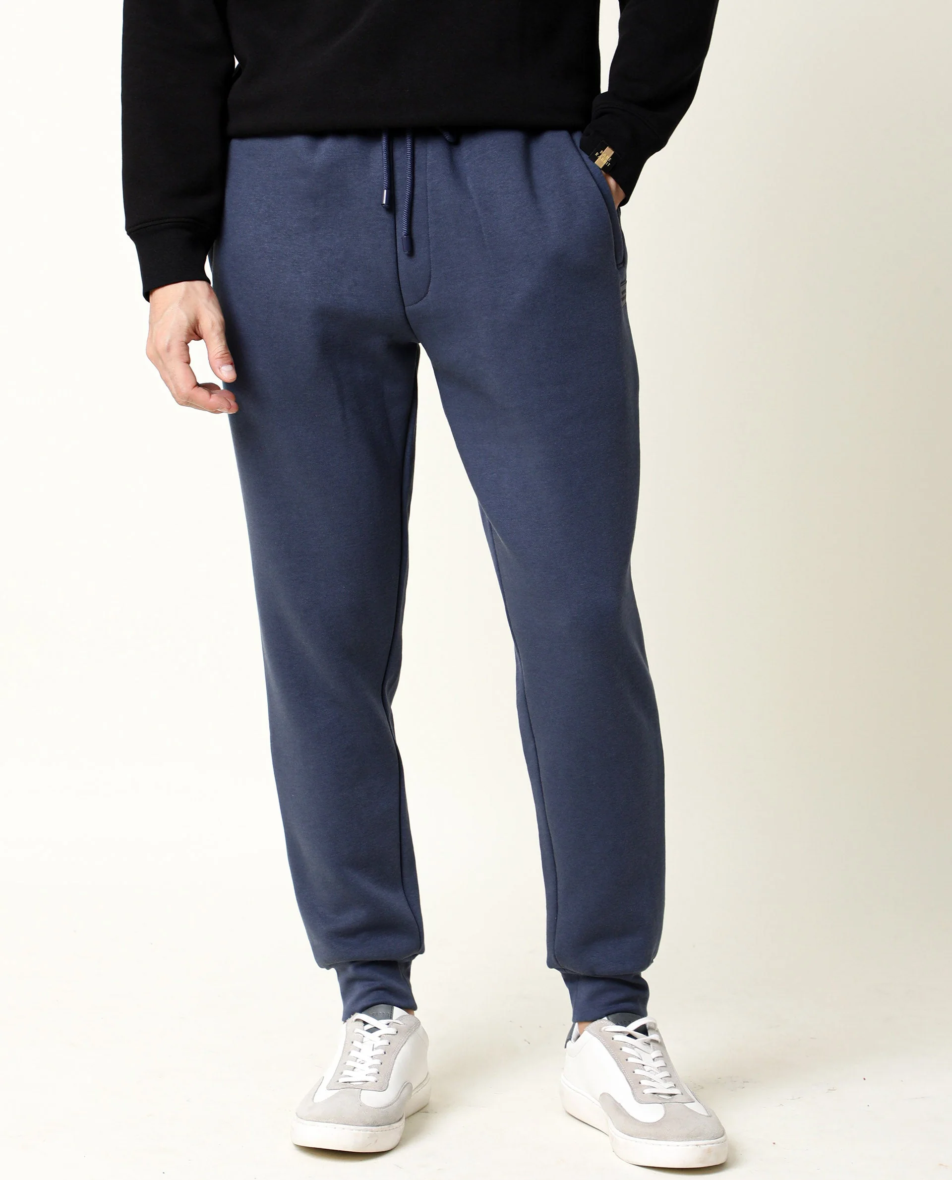 Rare Rabbit Men's Chase Blue Cotton Plain Regular Fit Track Pant