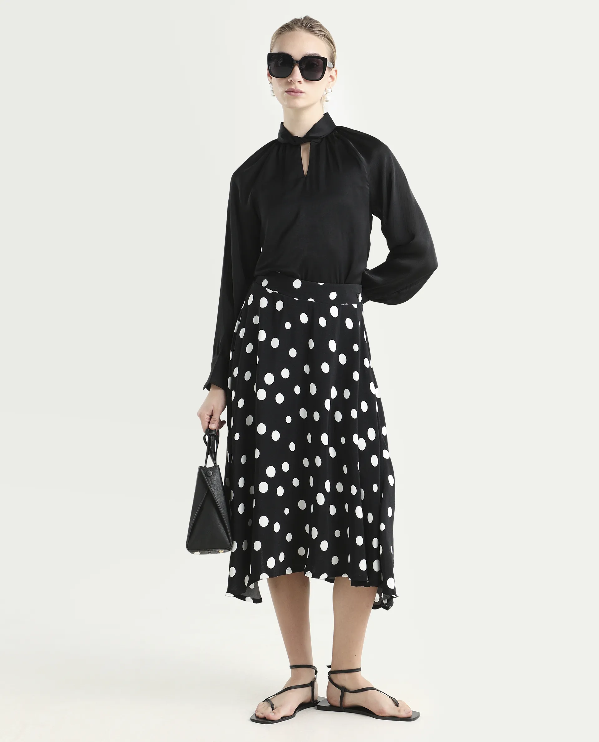 Rareism Women's Chatton Black Polyester Blend Polka Print Knee Length Flared Skirt