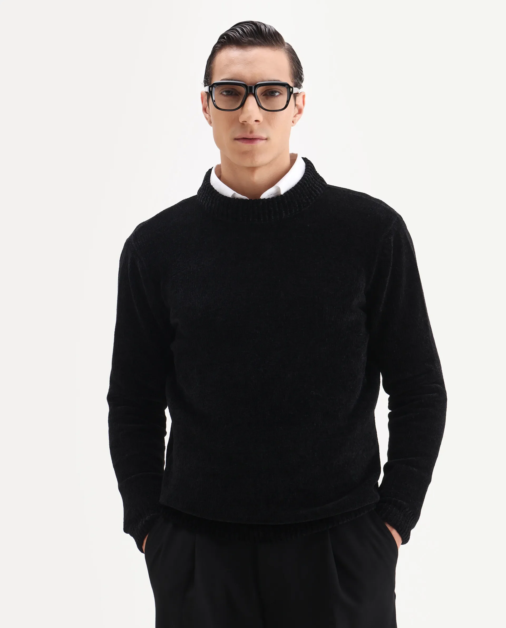 Rare Rabbit Men's Chens Black Polyester Fabric Full Sleeve Crew Neck Regular Plain Sweater