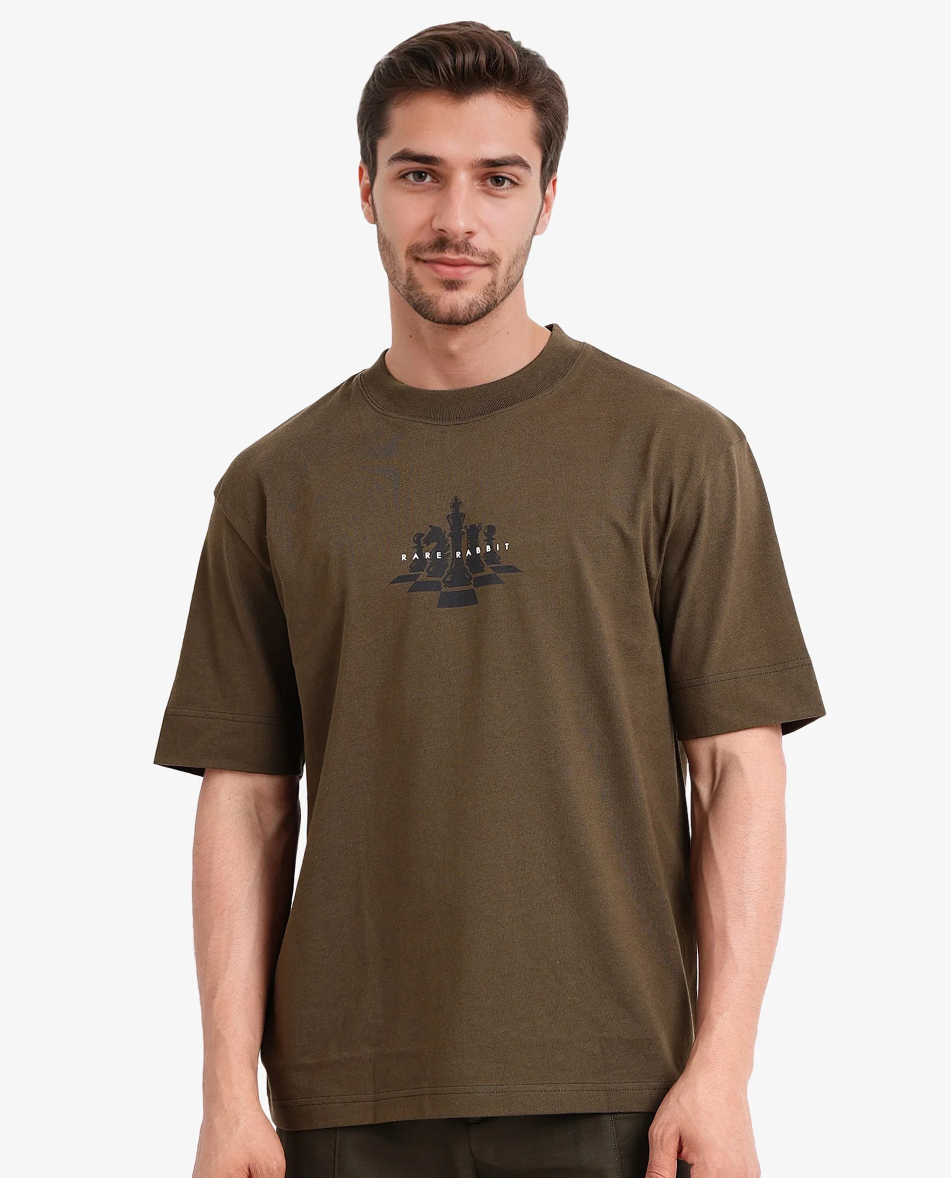 Rare Rabbit Men's Chess Olive Cotton Graphic Print Regular Fit Half Sleeve Crew Neck T-Shirt