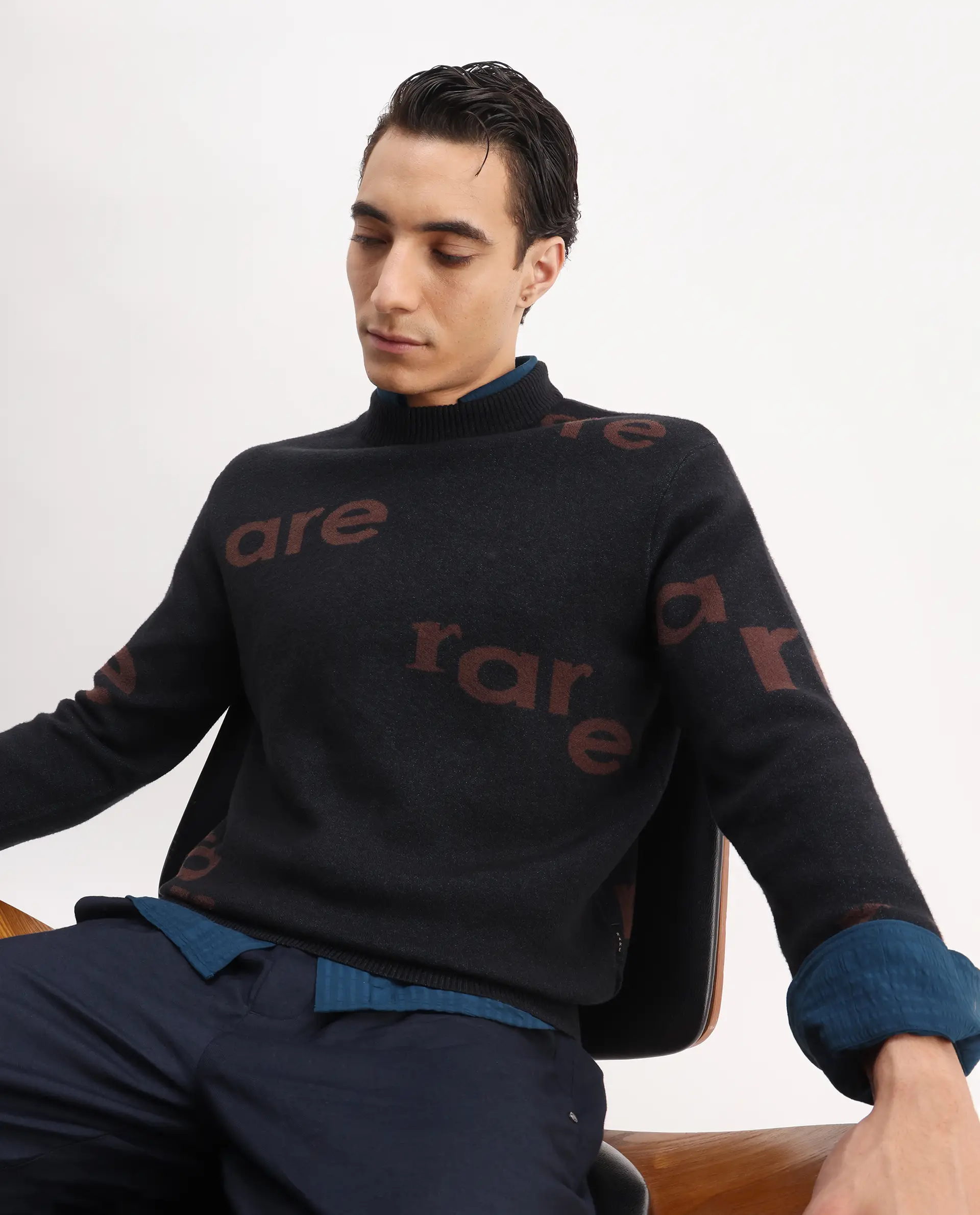 Rare Rabbit Men's Chet Dark Green Viscose Monogram Print Regular Fit Full Sleeve Crew Neck Sweater
