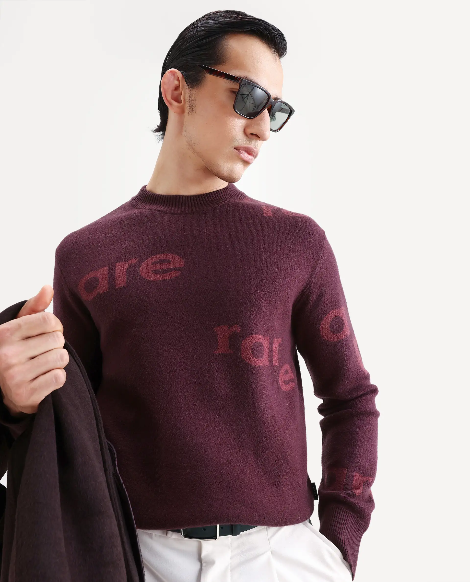 Rare Rabbit Men's Chet Dark Maroon Viscose Monogram Print Regular Fit Full Sleeve Crew Neck Sweater
