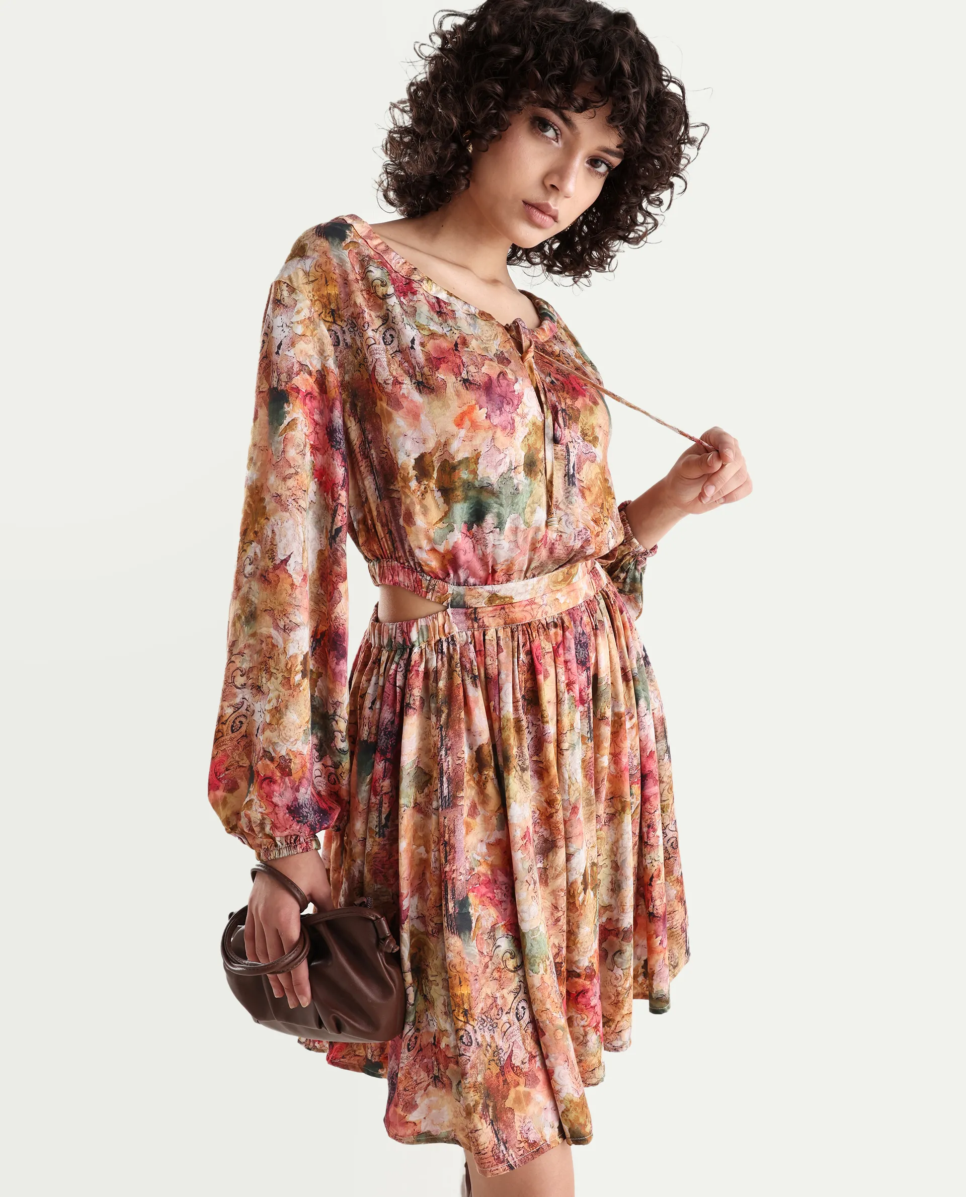 Rareism Women's Chilet Multi Cotton Blend Crew Neck Floral Print Puff Sleeves Knee Length A-Line Dress