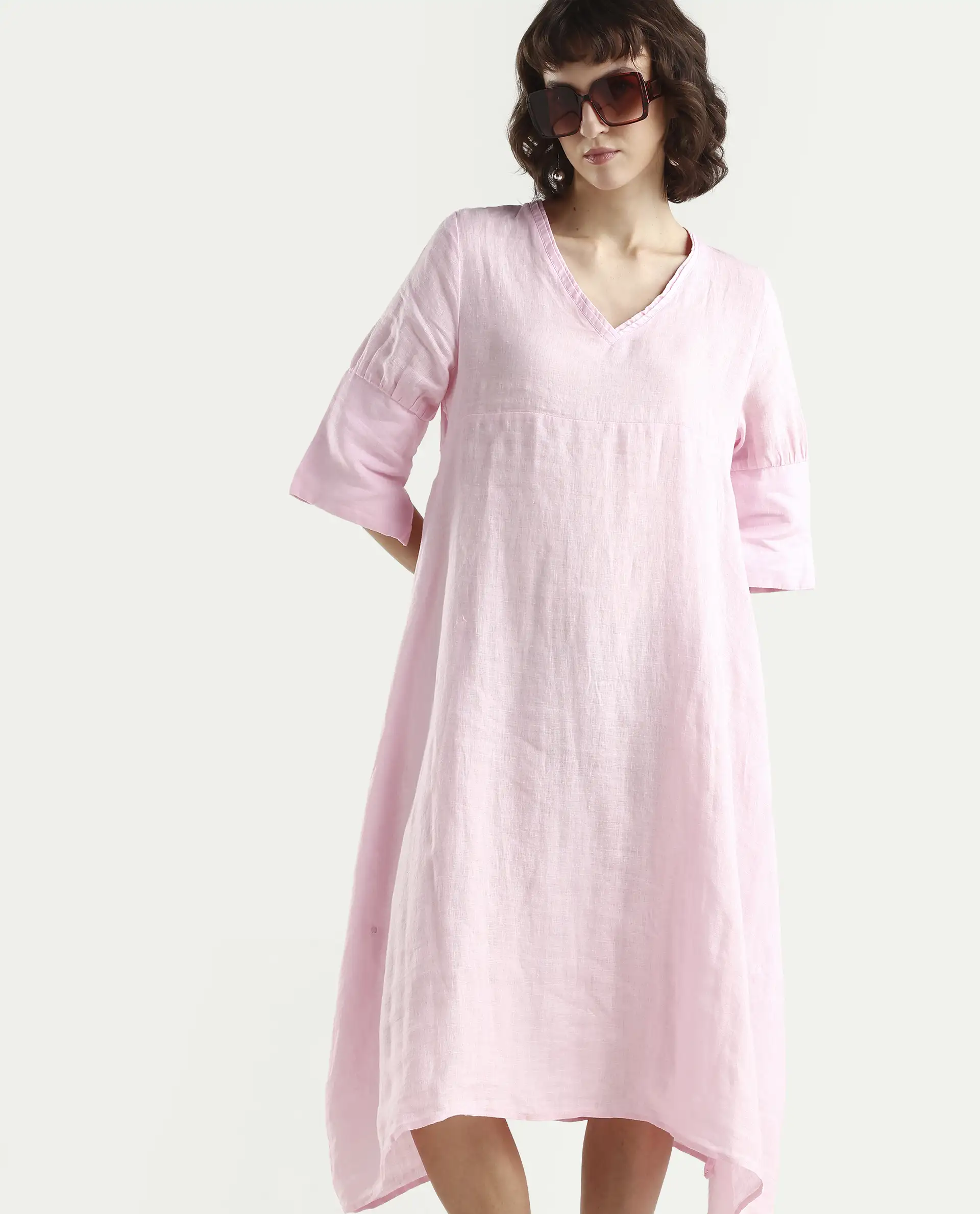 Rareism Women's Chreey 1 Pink Linen V-Neck Plain Extended Sleeves Knee Length Relaxed Fit Dress