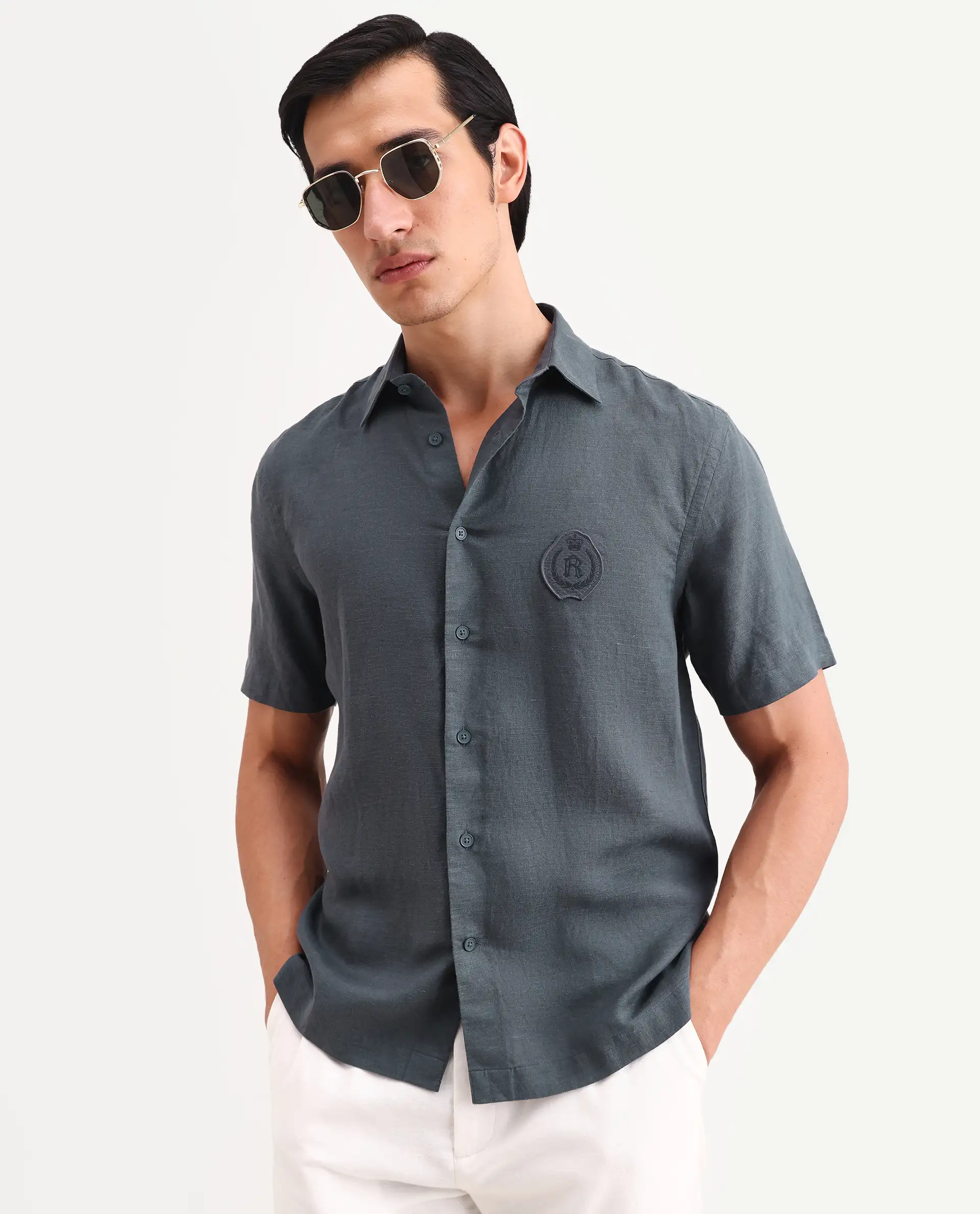 Rare Rabbit Men's Cine Ss Dark Blue Linen Blend Fabric Half Sleeve Spread Collar Regular Fit Plain Shirt