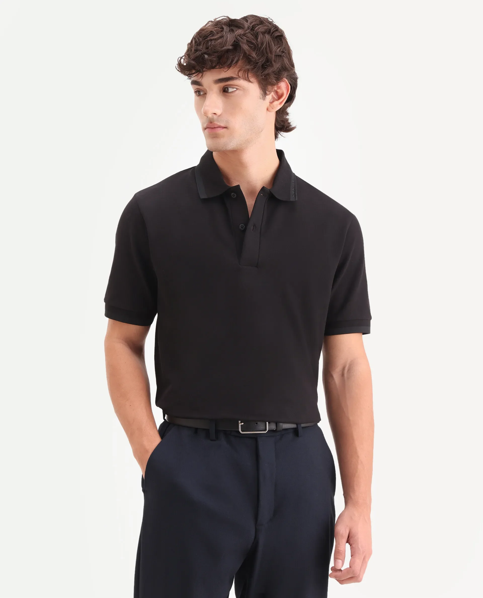Rare Rabbit Men's Clak Black Cotton Blend Fabric Half Sleeve Spread Collar Regular Fit Plain Polo