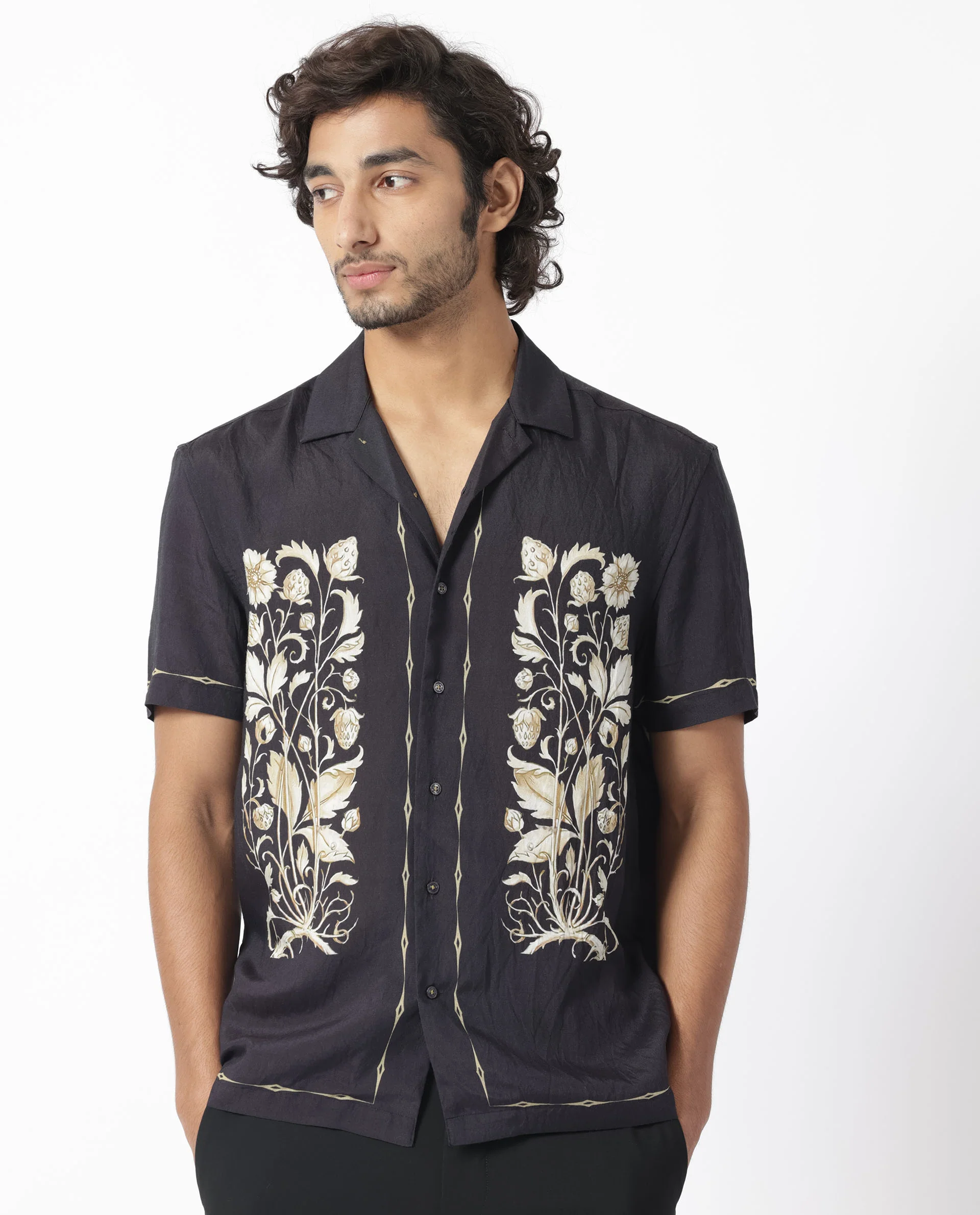 Rare Rabbit Men's Claren Dark Purple Viscose Floral Print Regular Fit Half Sleeve Cuban Collar Shirt