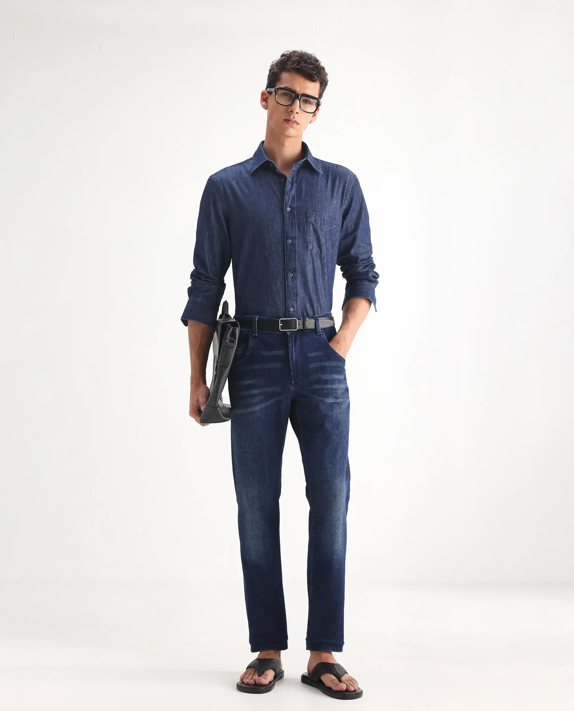 Rare Rabbit Men's Clio Dark Blue Cotton Blend Plain Relaxed Fit Jeans