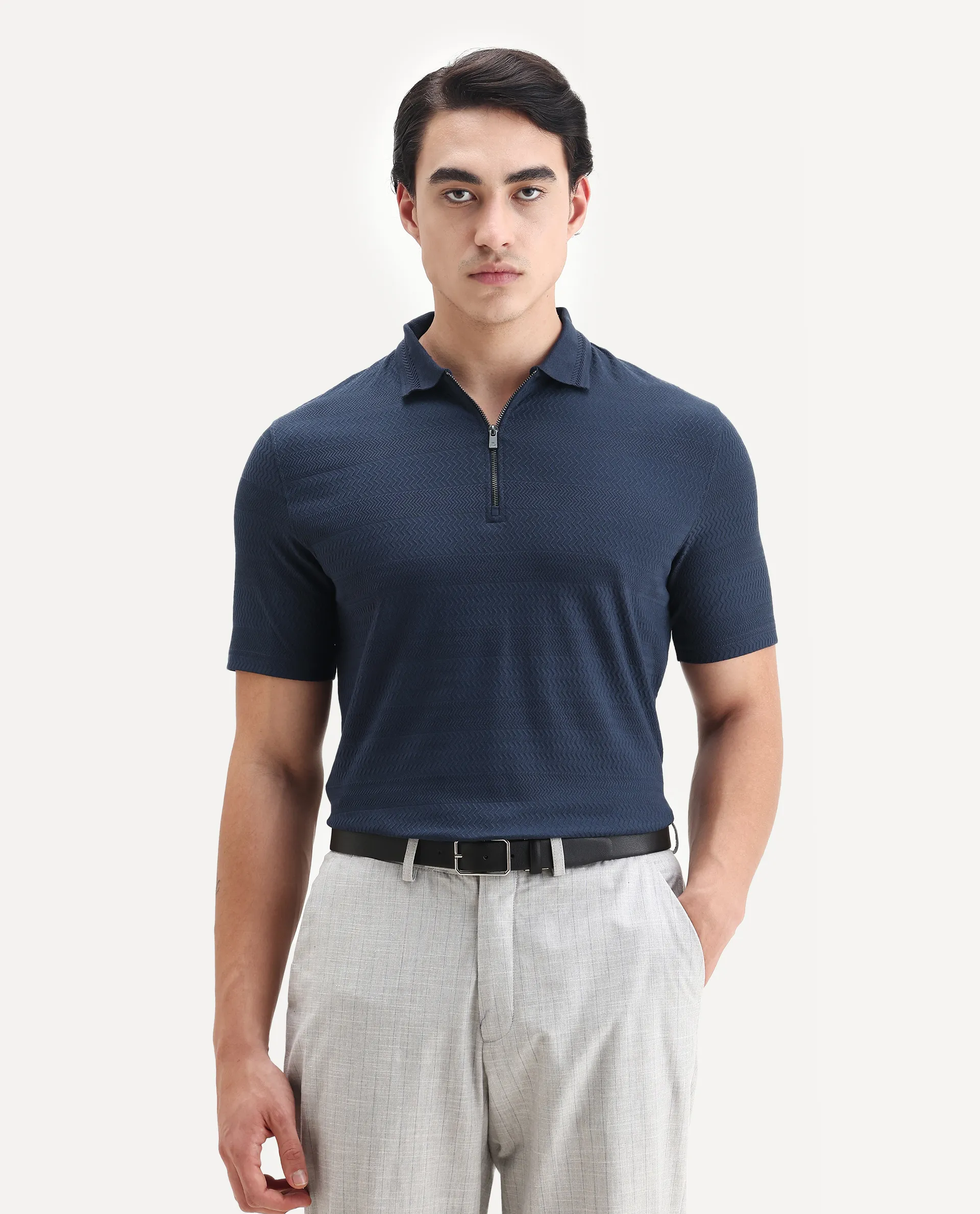 Rare Rabbit Men's Clion Dark Blue Cotton Blend Jacquard Regular Fit Half Sleeve Polo
