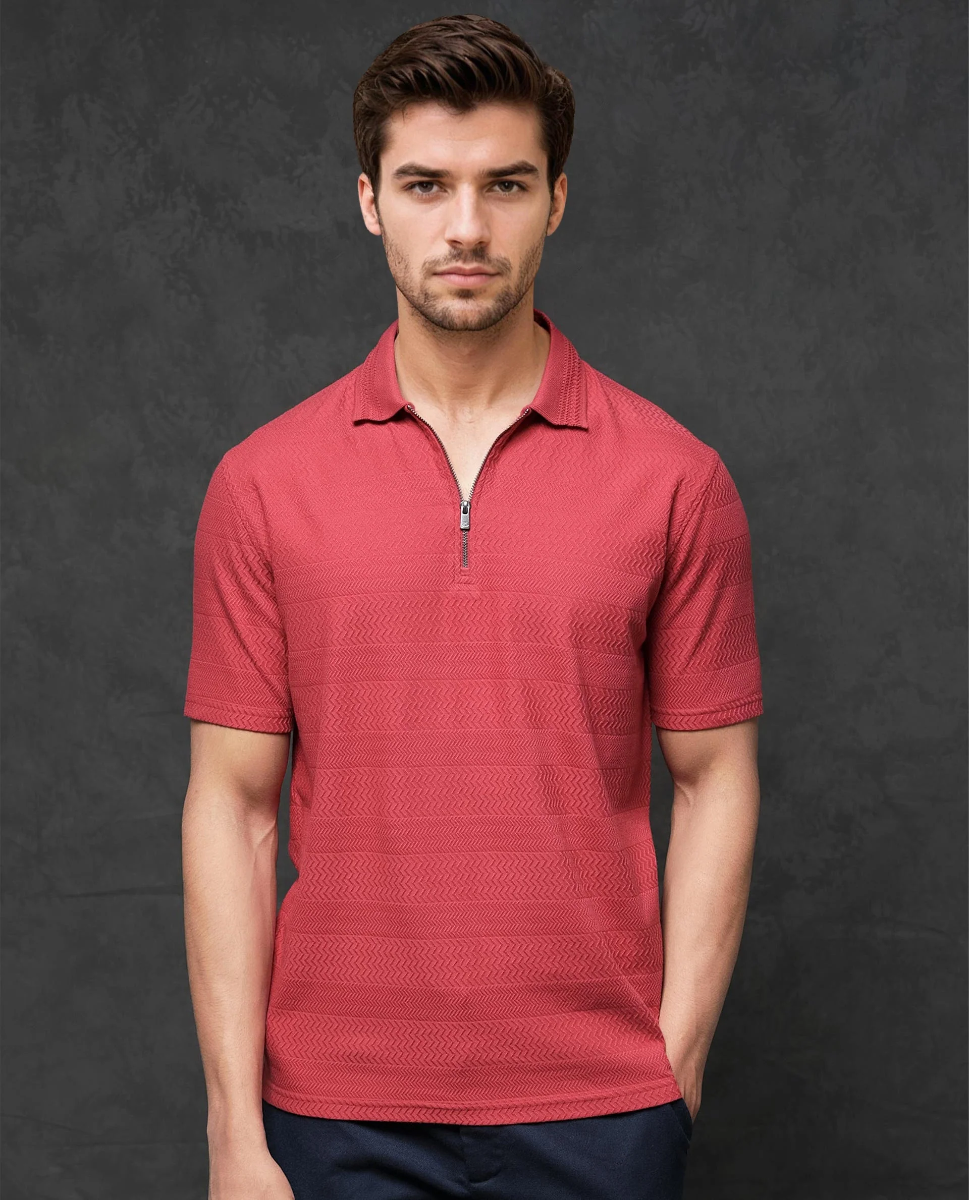 Rare Rabbit Men's Clion Red Cotton Blend Jacquard Regular Fit Half Sleeve Polo