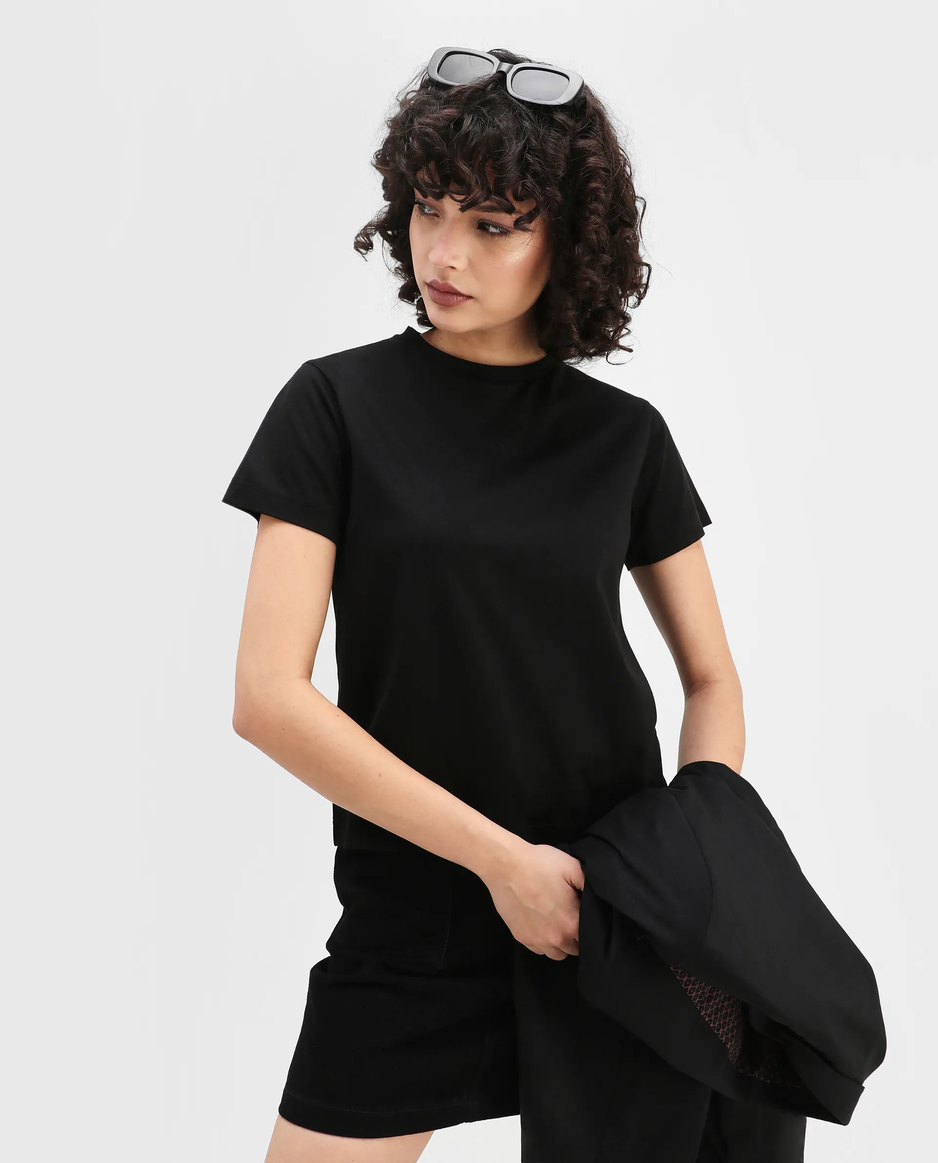 Rareism Women's Clive Black Cotton Crew Neck Regular Fit T-Shirt
