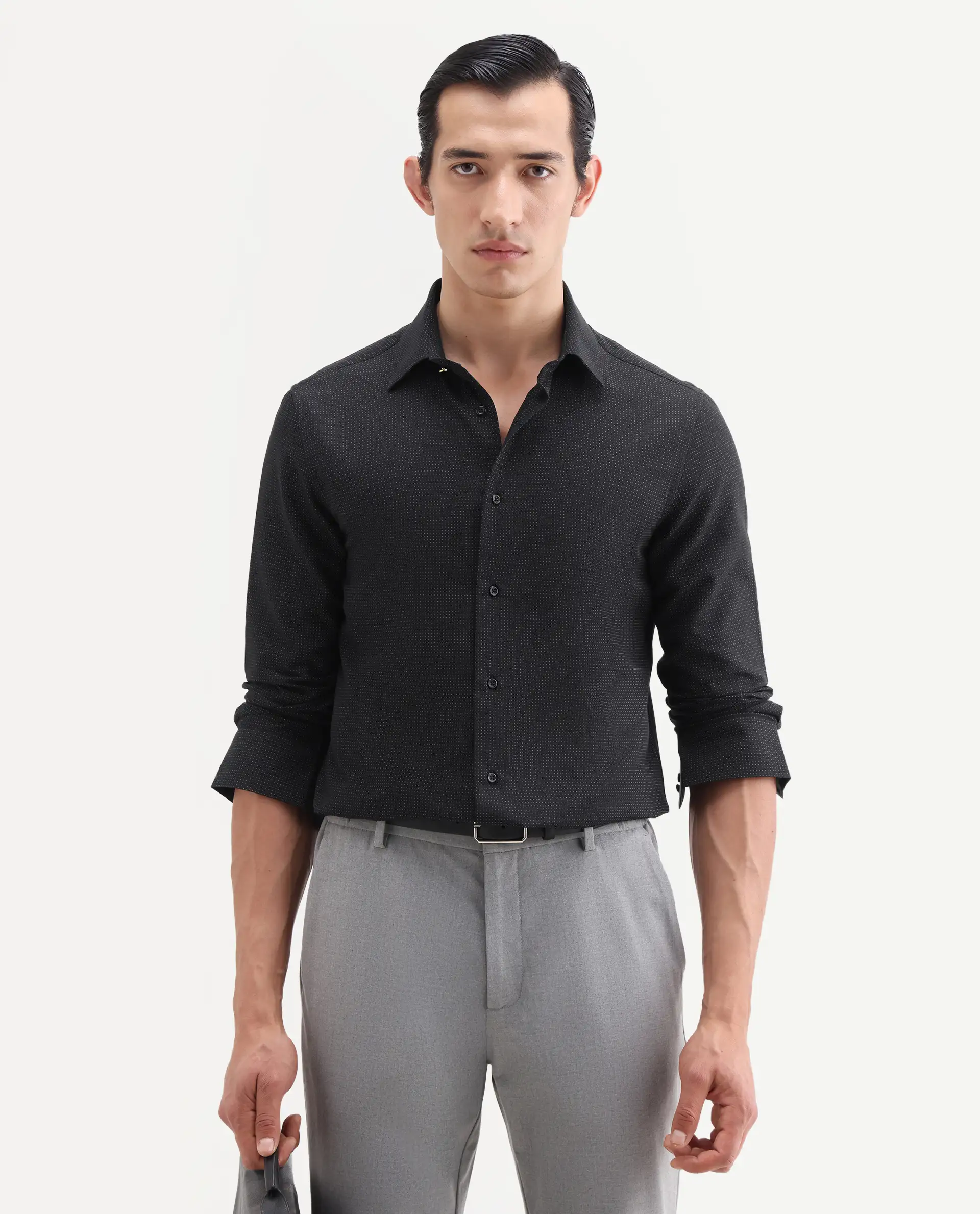 Rare Rabbit Men's Clor-26 Black Cotton Fabric Full Sleeve Spread Collar Button Regular Plain Shirt