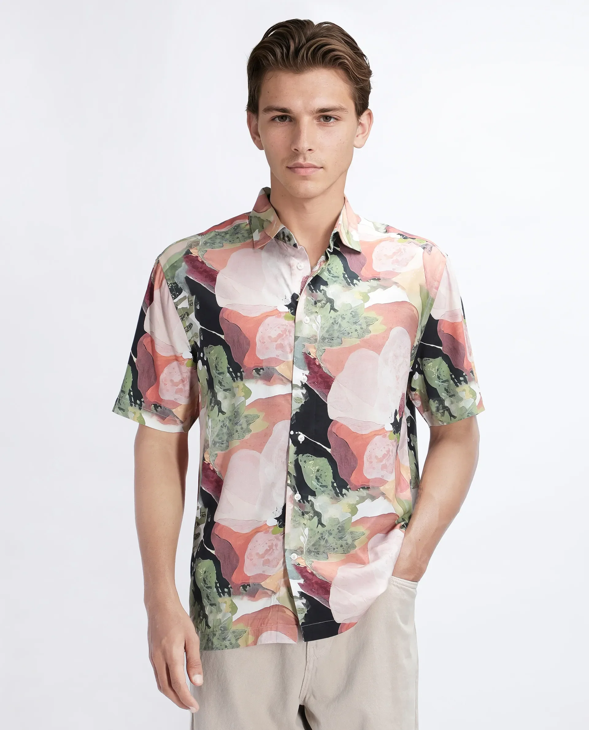Rare Rabbit Men's Clow Pastel Peach Viscose Abstract Print Regular Fit Half Sleeve Collared Shirt