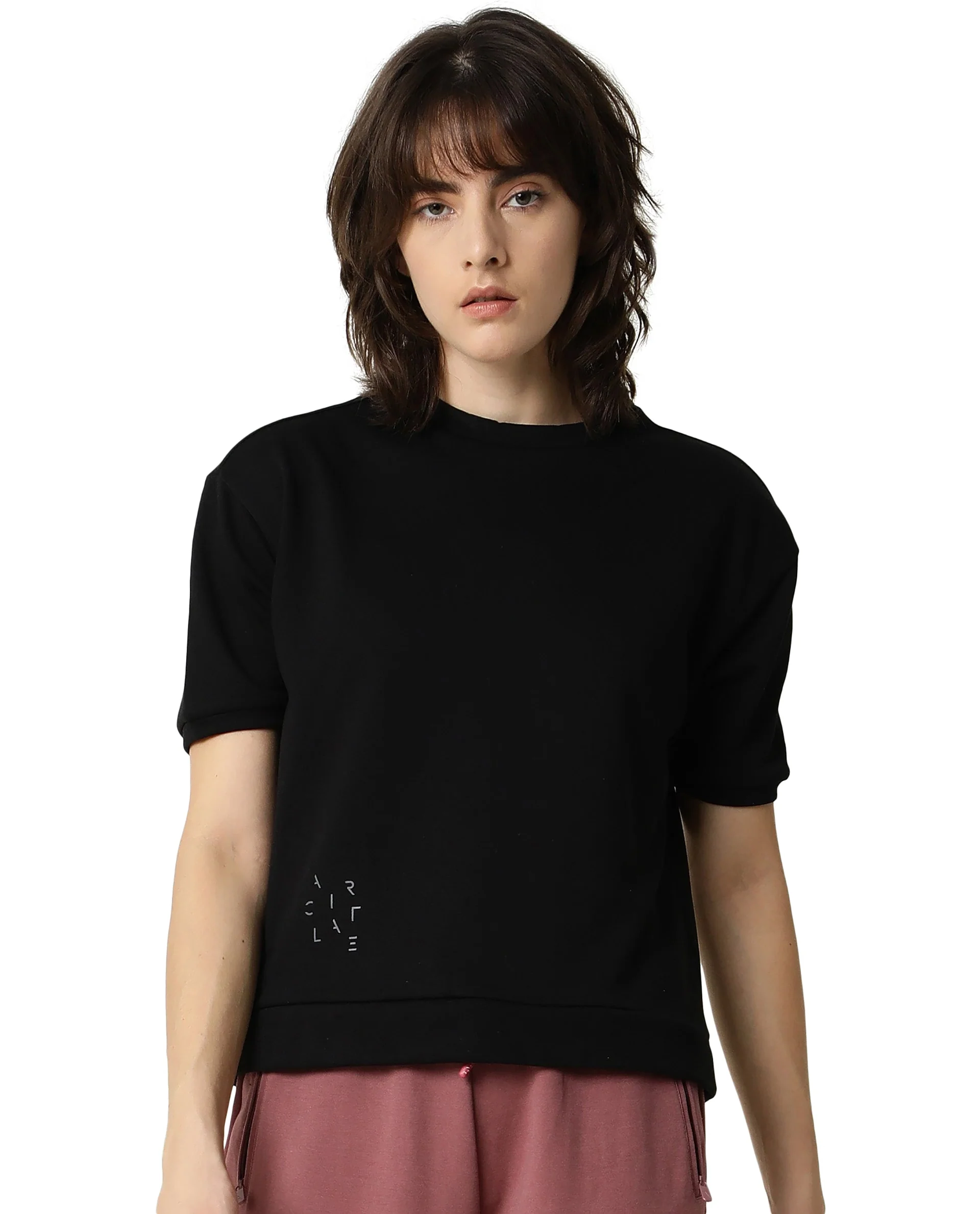 Rareism Women's Medium Weight Terry 290 Gsm Cotton Crew Neck Plain Regular Fit Sweat Tee