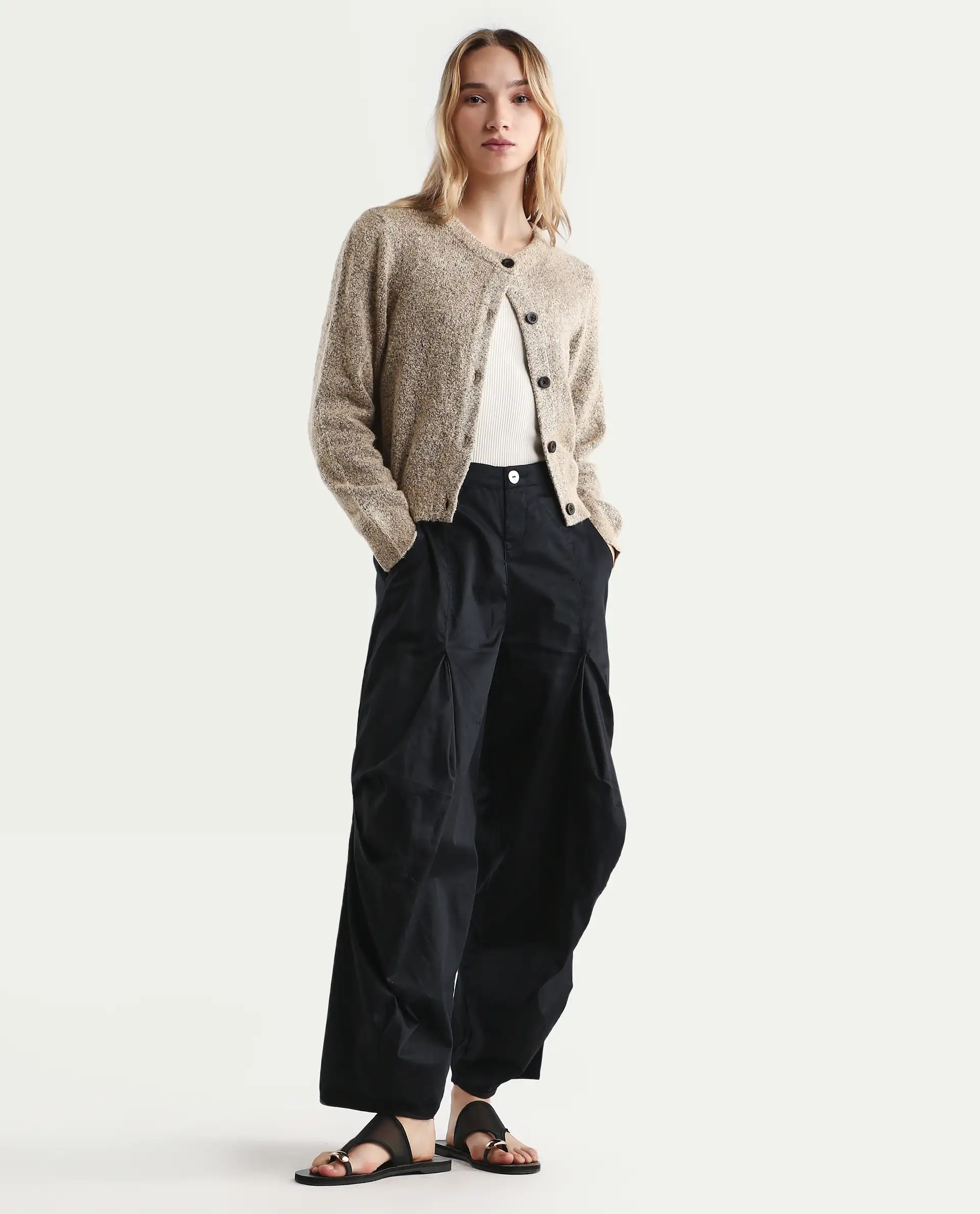 Rareism Women's Colema Black Cotton Plain Ankle Length Relaxed Fit Trouser
