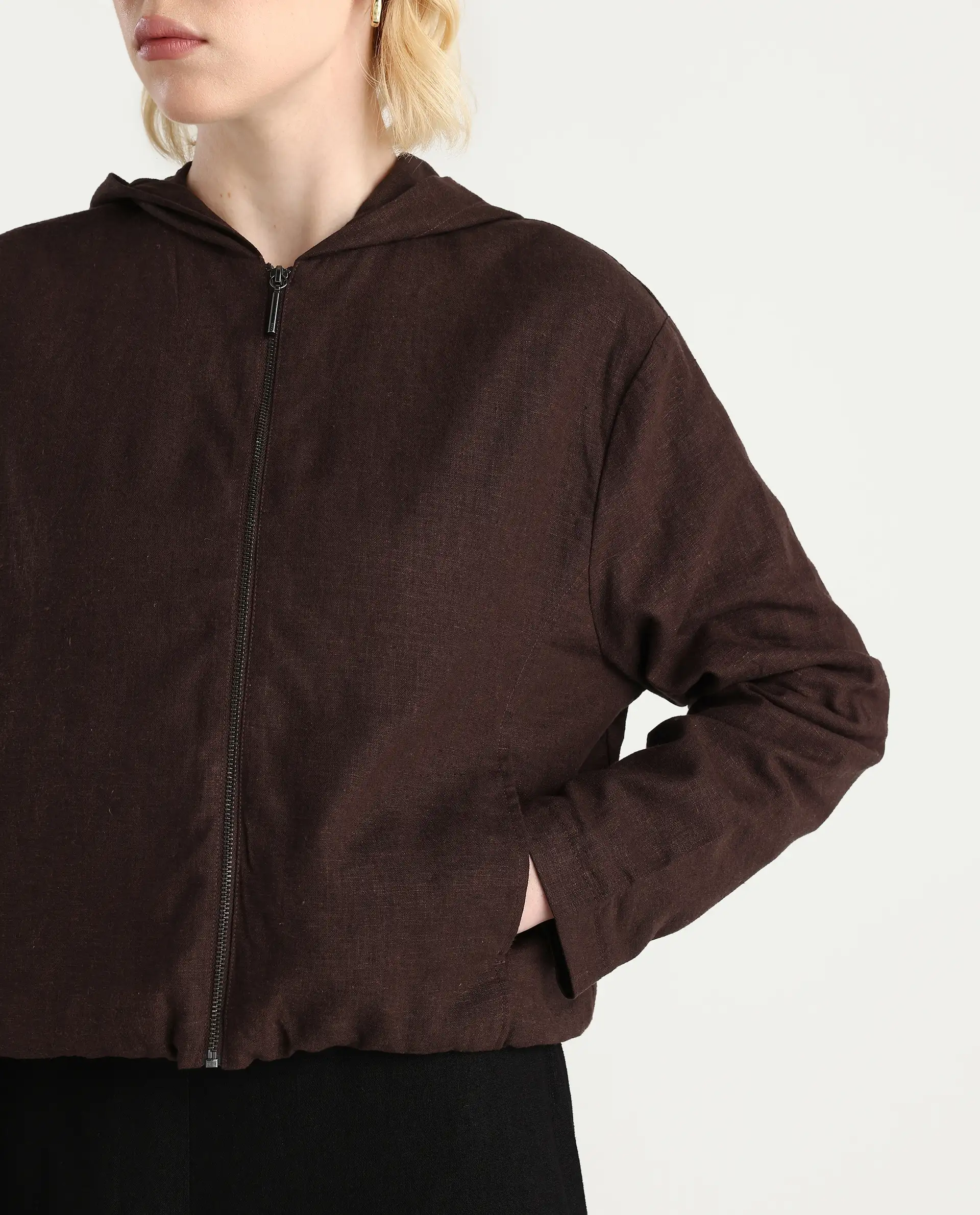 Rareism Women's Colin-T Prune Linen Blend Hooded Regular Fit Jacket