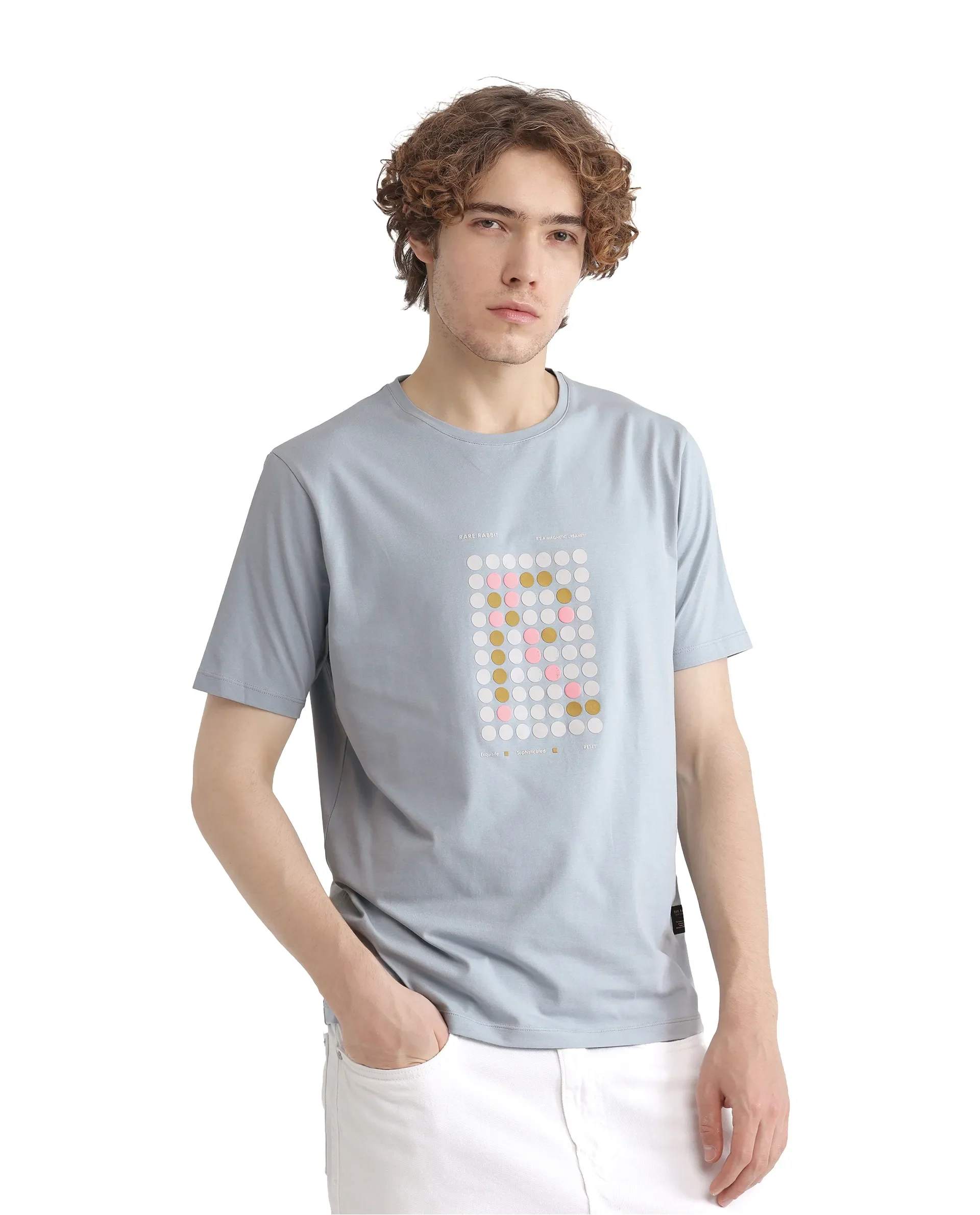 Rare Rabbit Men's Colos Light Blue Cotton Blend Graphic Print Regular Fit Half Sleeve Crew Neck T-Shirt
