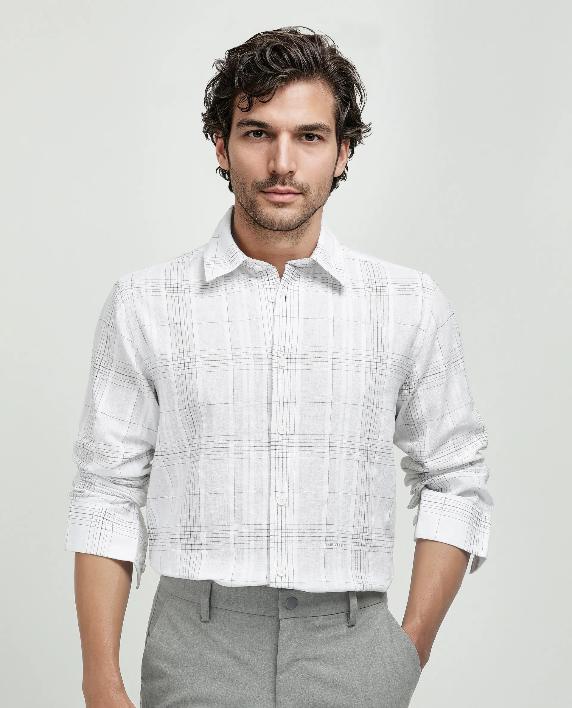 Rare Rabbit Men's Cols White Cotton Checked Print Relaxed Fit Full Sleeve Collared Shirt