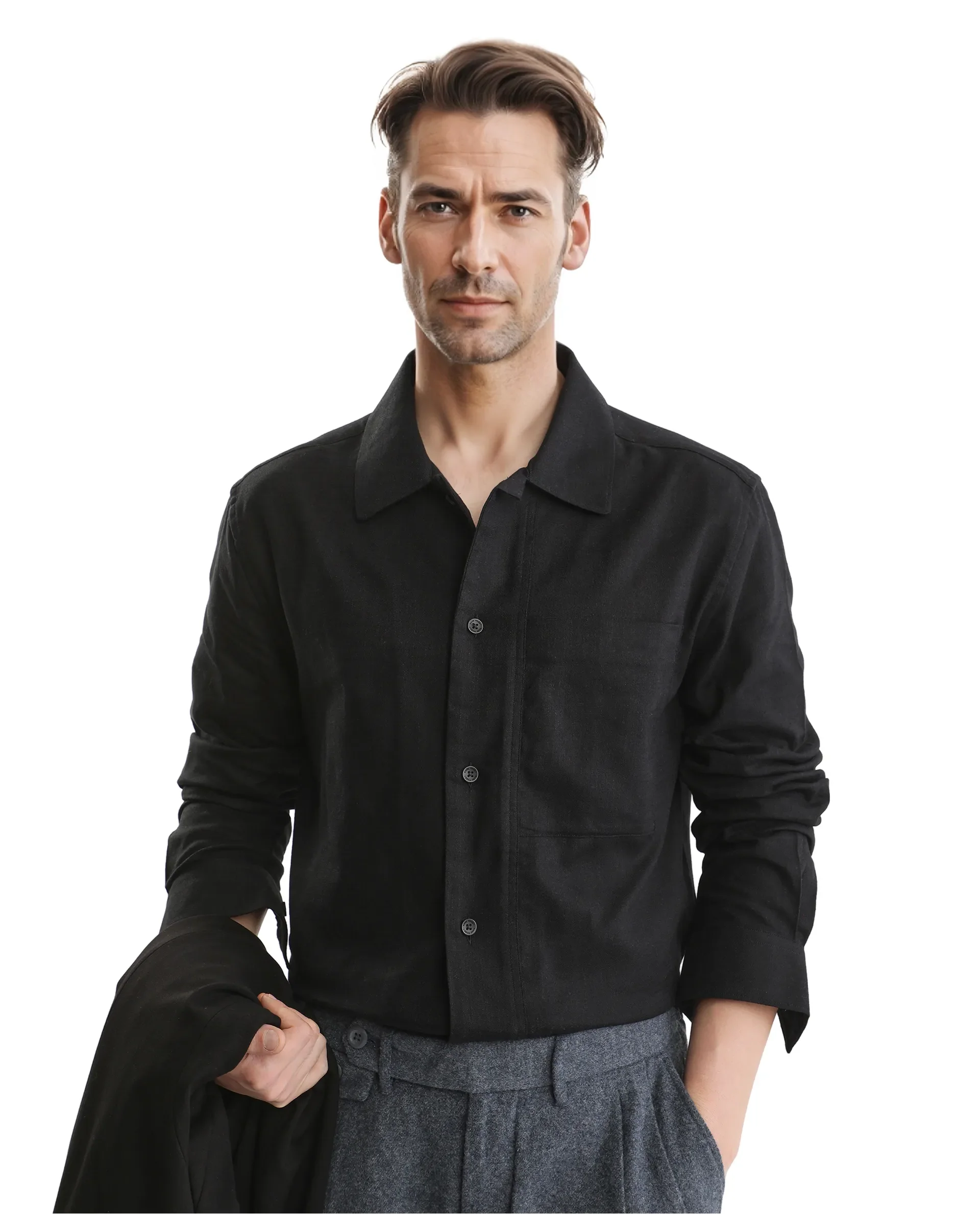 Rare Rabbit Men's Combi Black Cotton Blend Plain Regular Fit Full Sleeve Collared Shirt