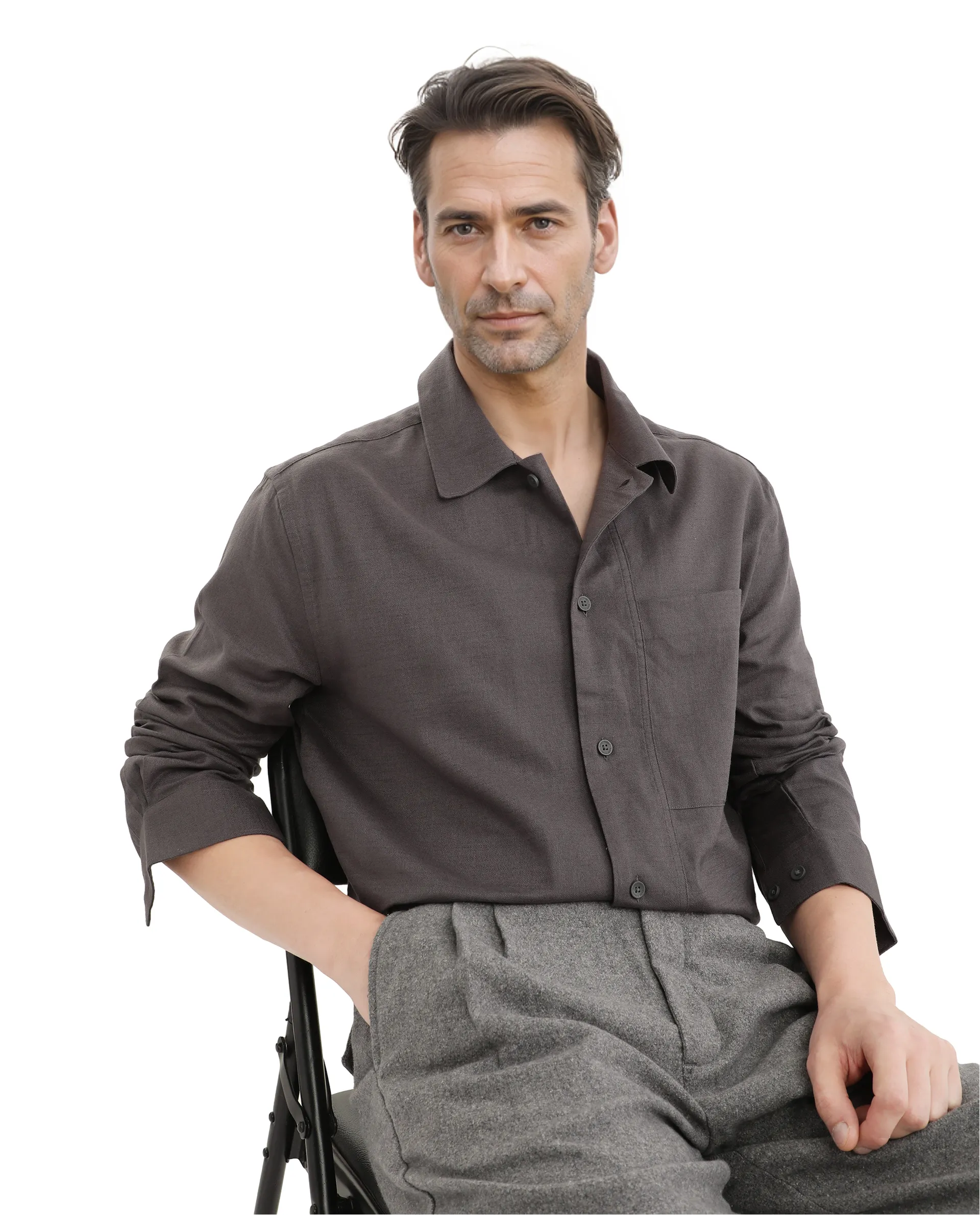Rare Rabbit Men's Combi Dark Grey Cotton Blend Plain Regular Fit Full Sleeve Collared Shirt