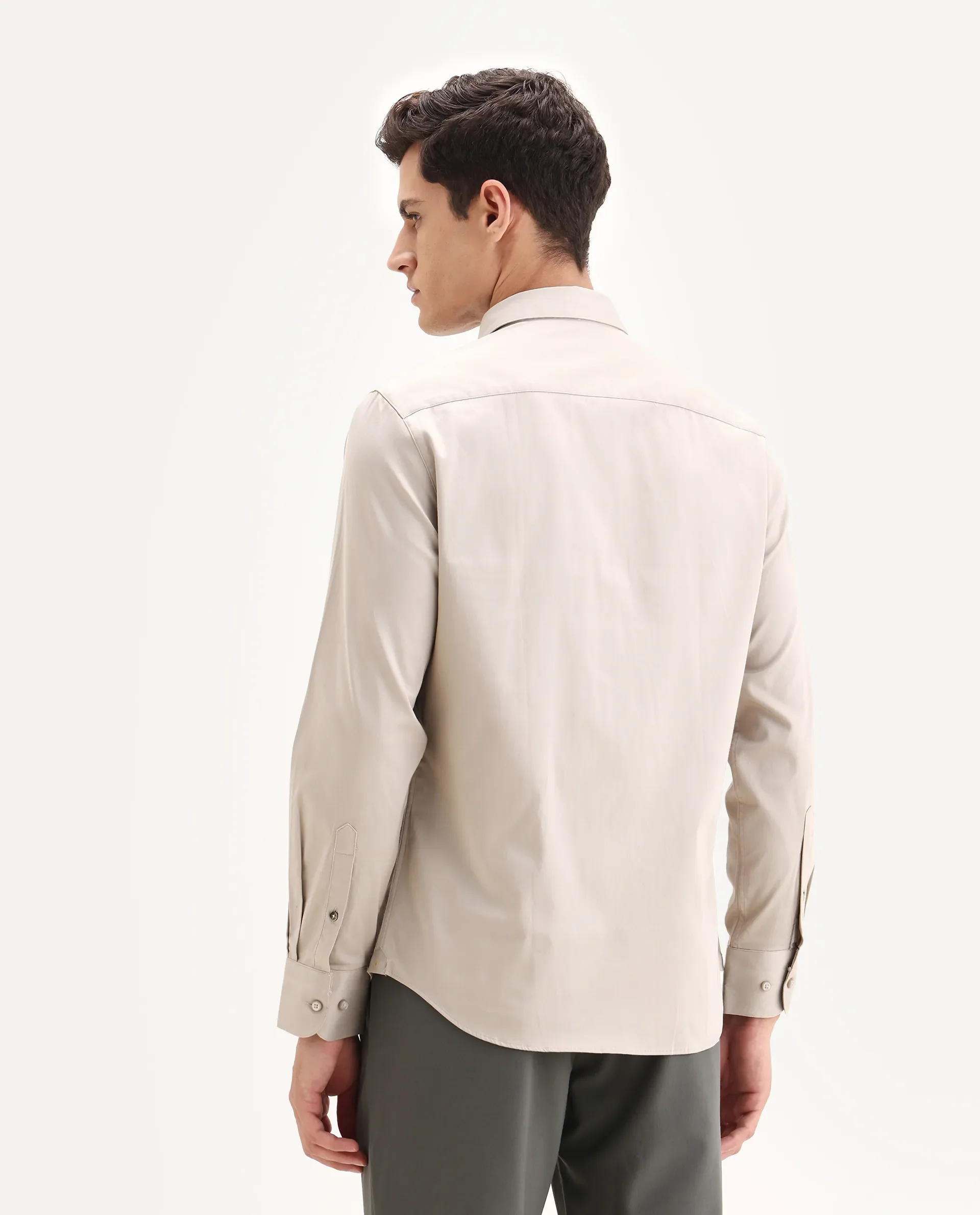 Rare Rabbit Men's Como-25 Light Beige Cotton Blend Plain Regular Fit Full Sleeve Collared Shirt - Image 8