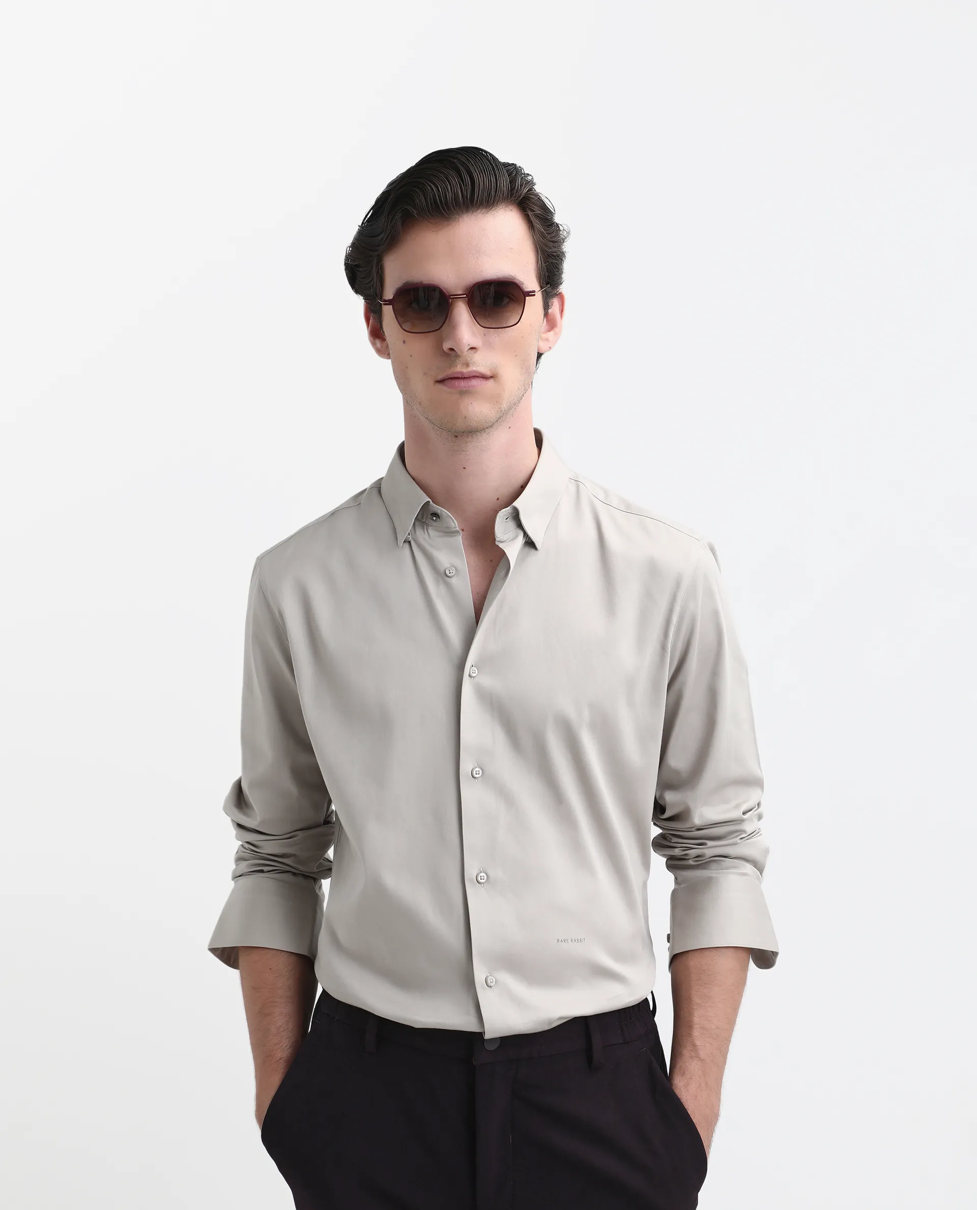 Rare Rabbit Men's Como-26 Light Beige Satin Plain Regular Fit Full Sleeve Collared Shirt