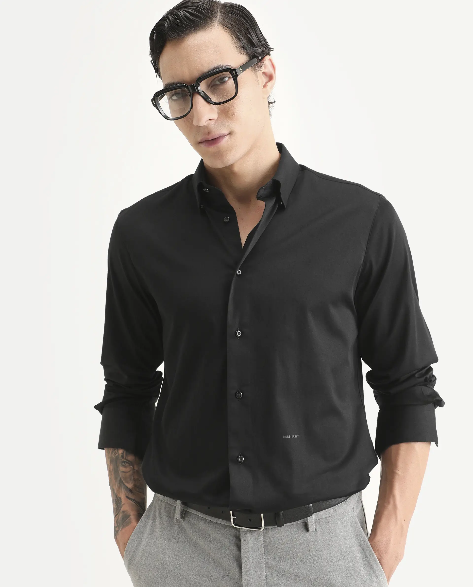 Rare Rabbit Men's Como-27 Black Cotton Blend Fabric Full Sleeve Spread Collar Regular Fit Plain Shirt