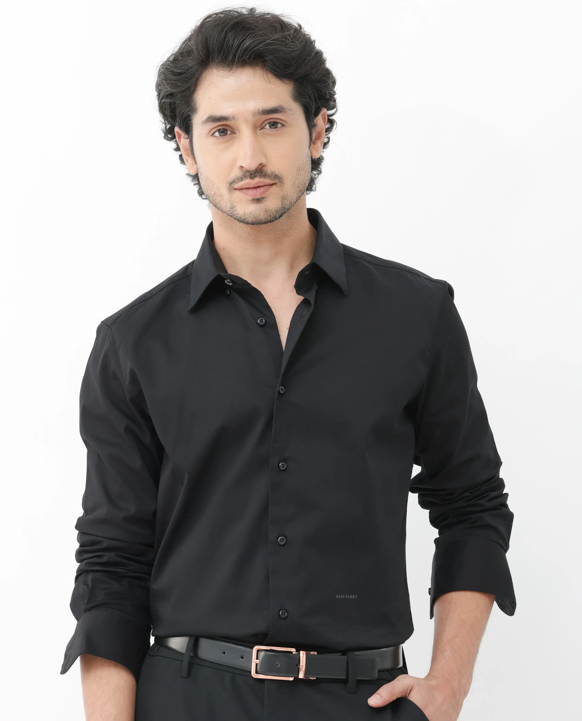 Rare Rabbit Men's Como-4 Black Cotton Plain Regular Fit Full Sleeve Collared Shirt