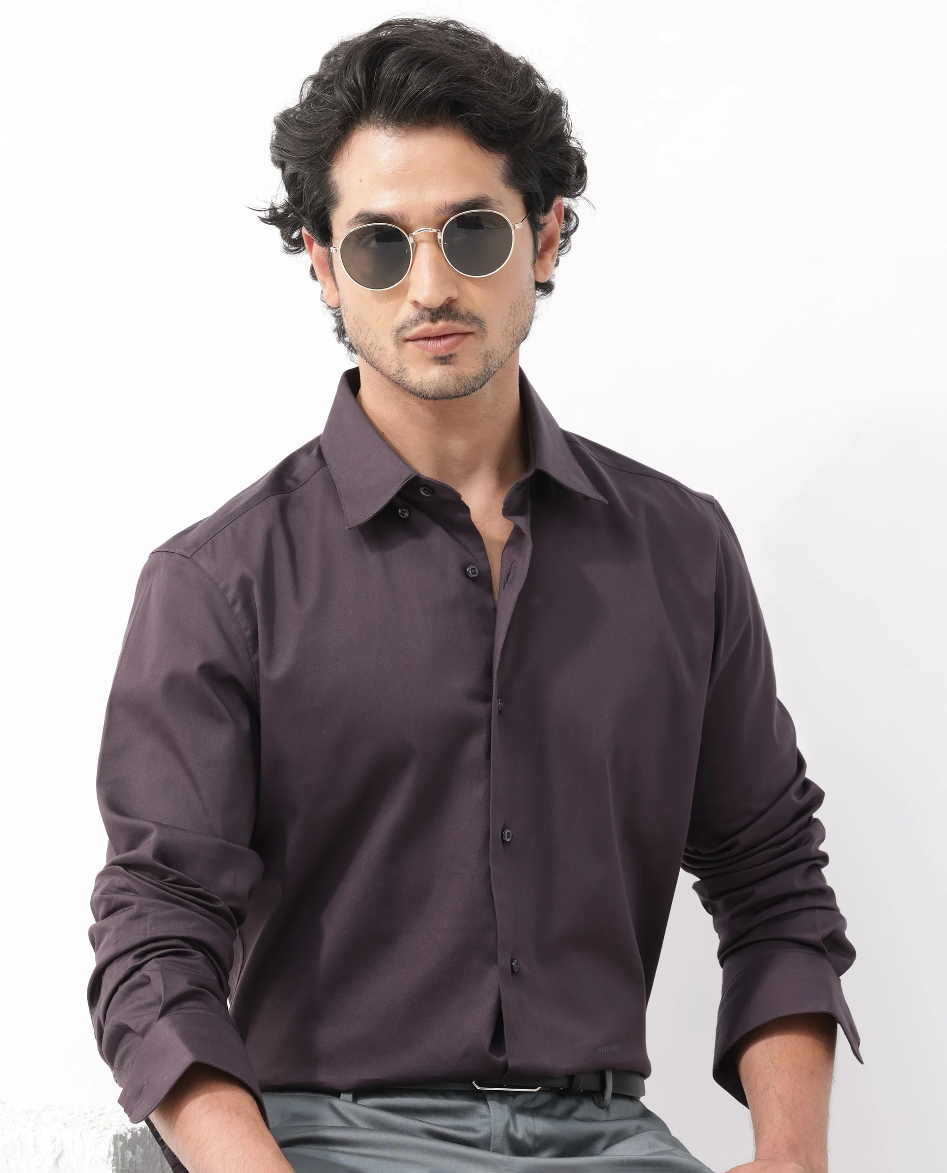 Rare Rabbit Men's Como-4 Dark Purple Cotton Plain Regular Fit Full Sleeve Collared Shirt