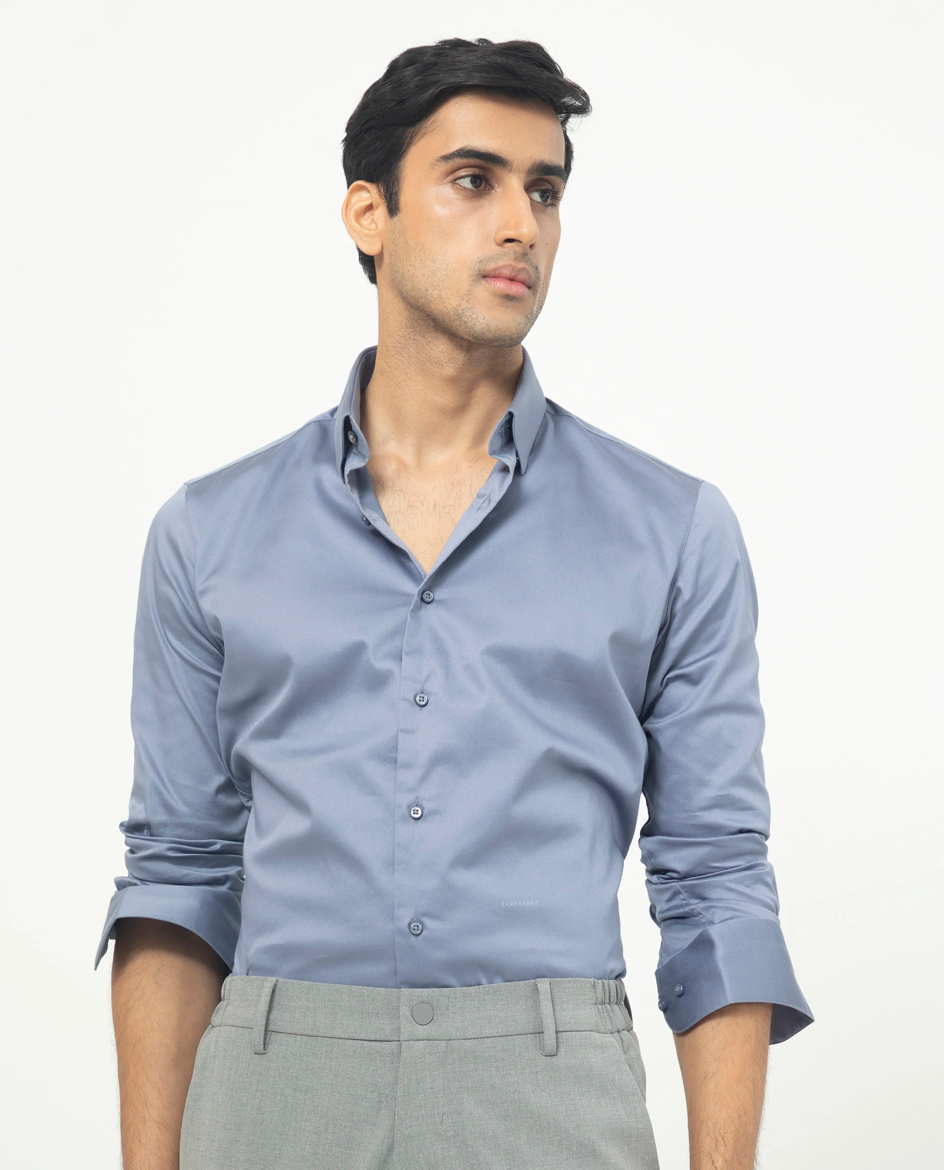 Rare Rabbit Men's Comor Blue Cotton Plain Regular Fit Full Sleeve Collared Shirt